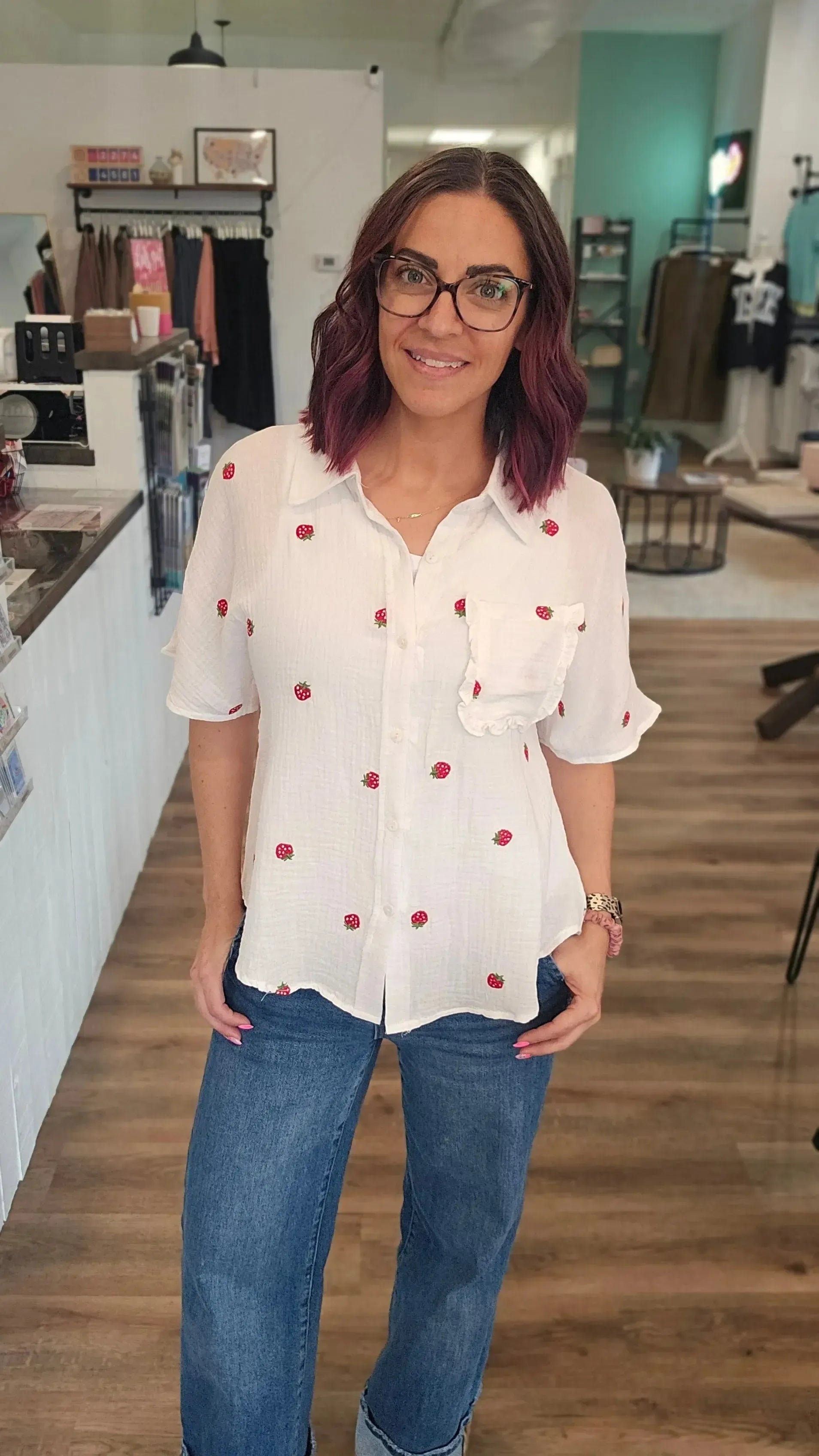 Shop Strawberry Embroidered Gauze Button-Down Shirt- at Ruby Joy Boutique, a Women's Clothing Store in Pickerington, Ohio