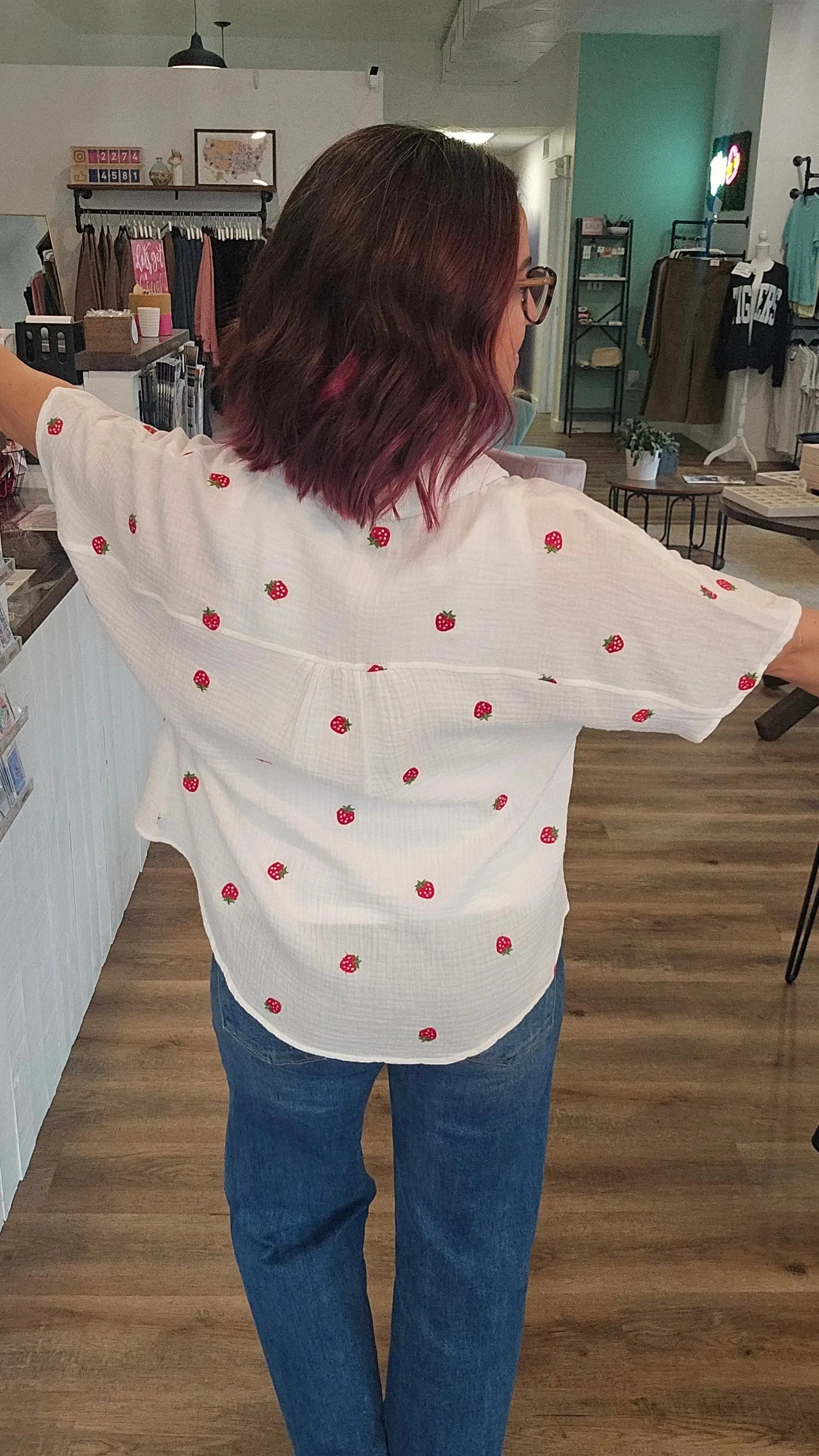 Shop Strawberry Embroidered Gauze Button-Down Shirt- at Ruby Joy Boutique, a Women's Clothing Store in Pickerington, Ohio
