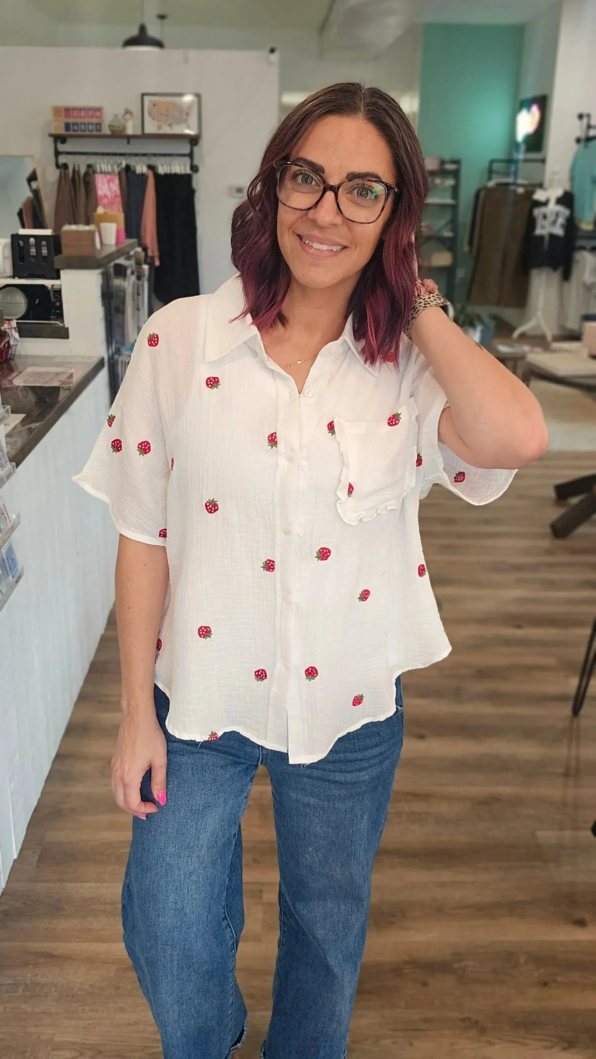 Shop Strawberry Embroidered Gauze Button-Down Shirt- at Ruby Joy Boutique, a Women's Clothing Store in Pickerington, Ohio