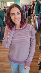 Shop Striped Raglan Sleeve Top - Light Plum- at Ruby Joy Boutique, a Women's Clothing Store in Pickerington, Ohio