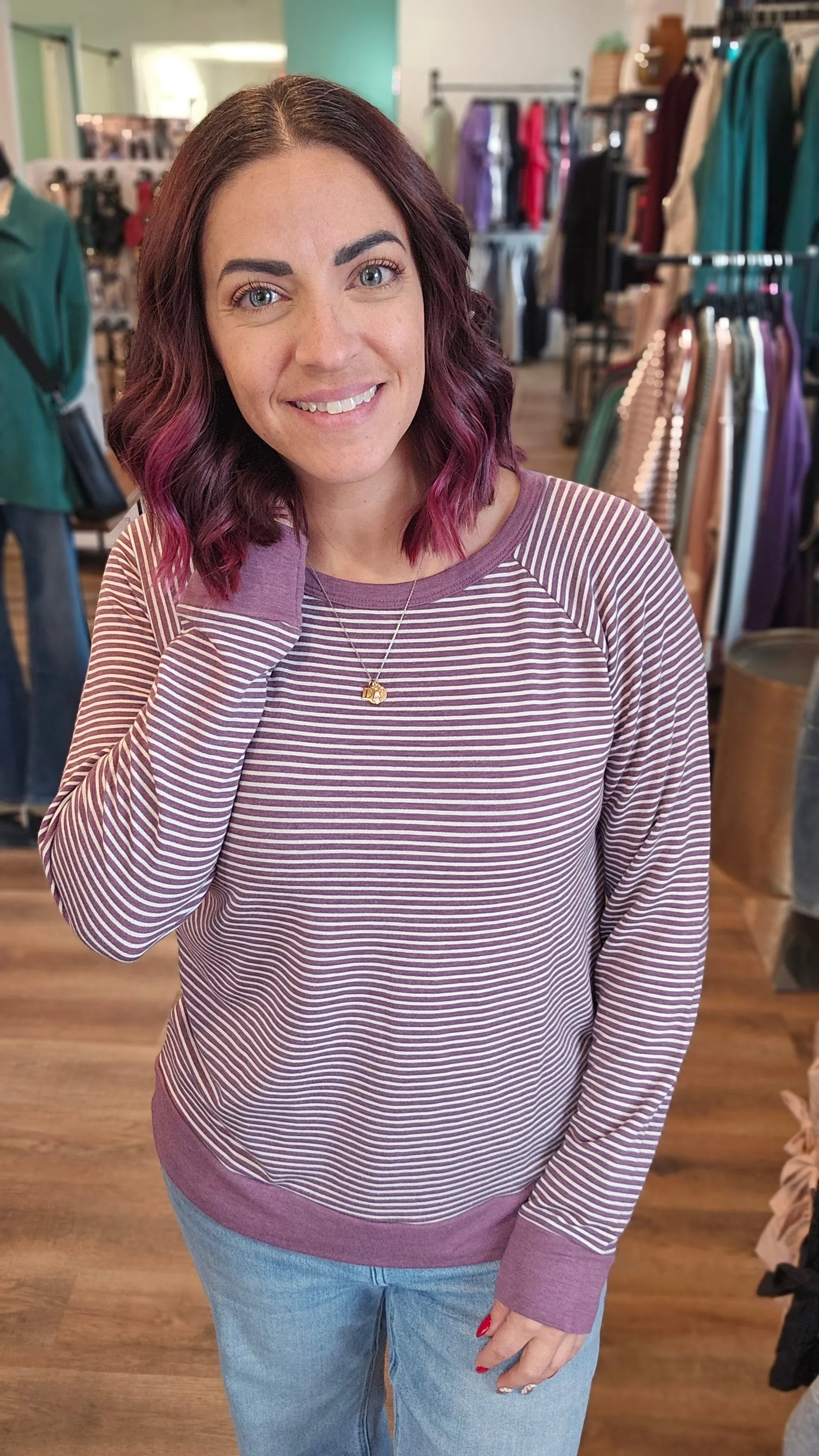 Shop Striped Raglan Sleeve Top - Light Plum- at Ruby Joy Boutique, a Women's Clothing Store in Pickerington, Ohio