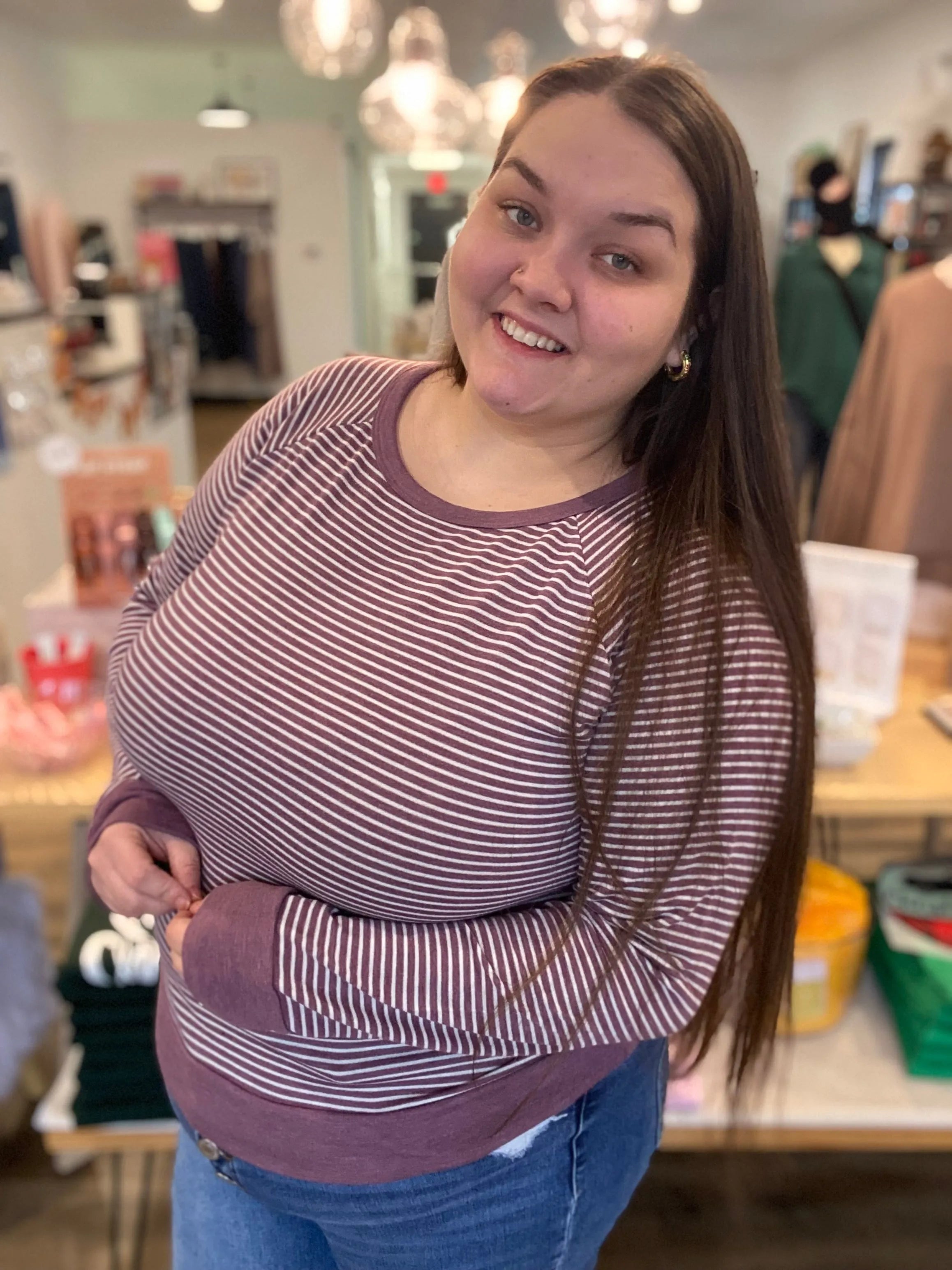 Shop Striped Raglan Sleeve Top - Light Plum- at Ruby Joy Boutique, a Women's Clothing Store in Pickerington, Ohio