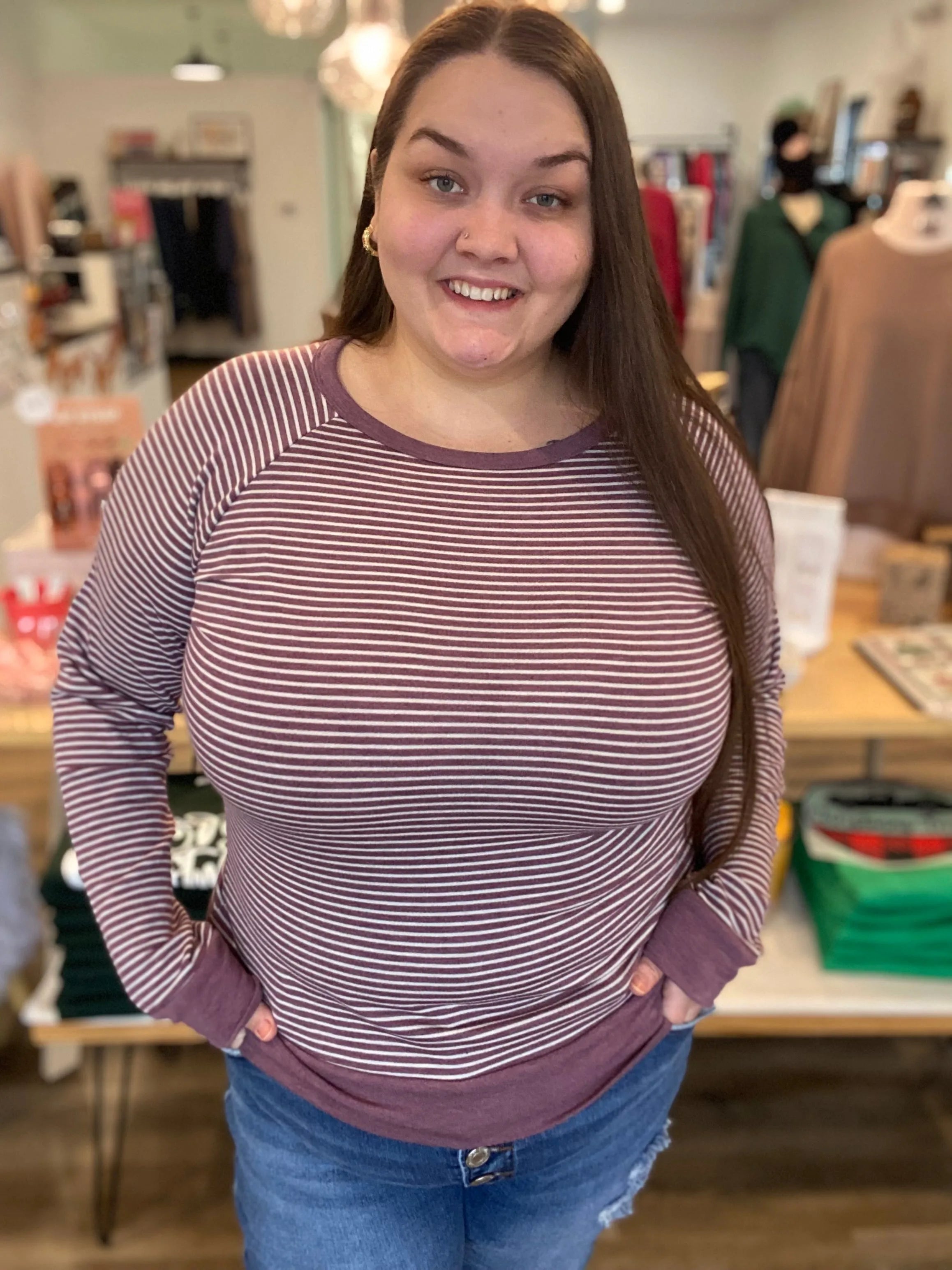 Shop Striped Raglan Sleeve Top - Light Plum- at Ruby Joy Boutique, a Women's Clothing Store in Pickerington, Ohio