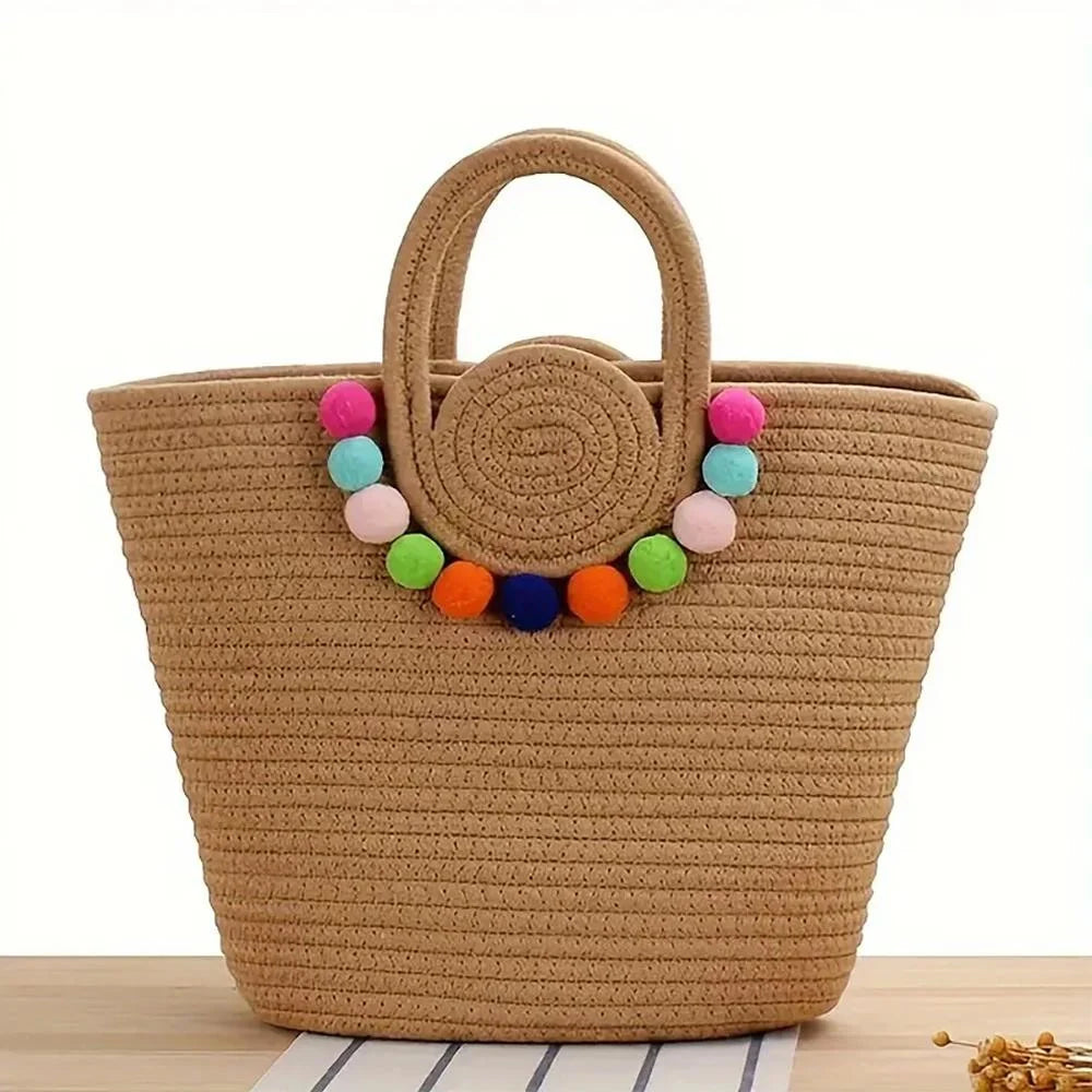 Shop Summer Tote Bag With Colorful Poms-Bag at Ruby Joy Boutique, a Women's Clothing Store in Pickerington, Ohio