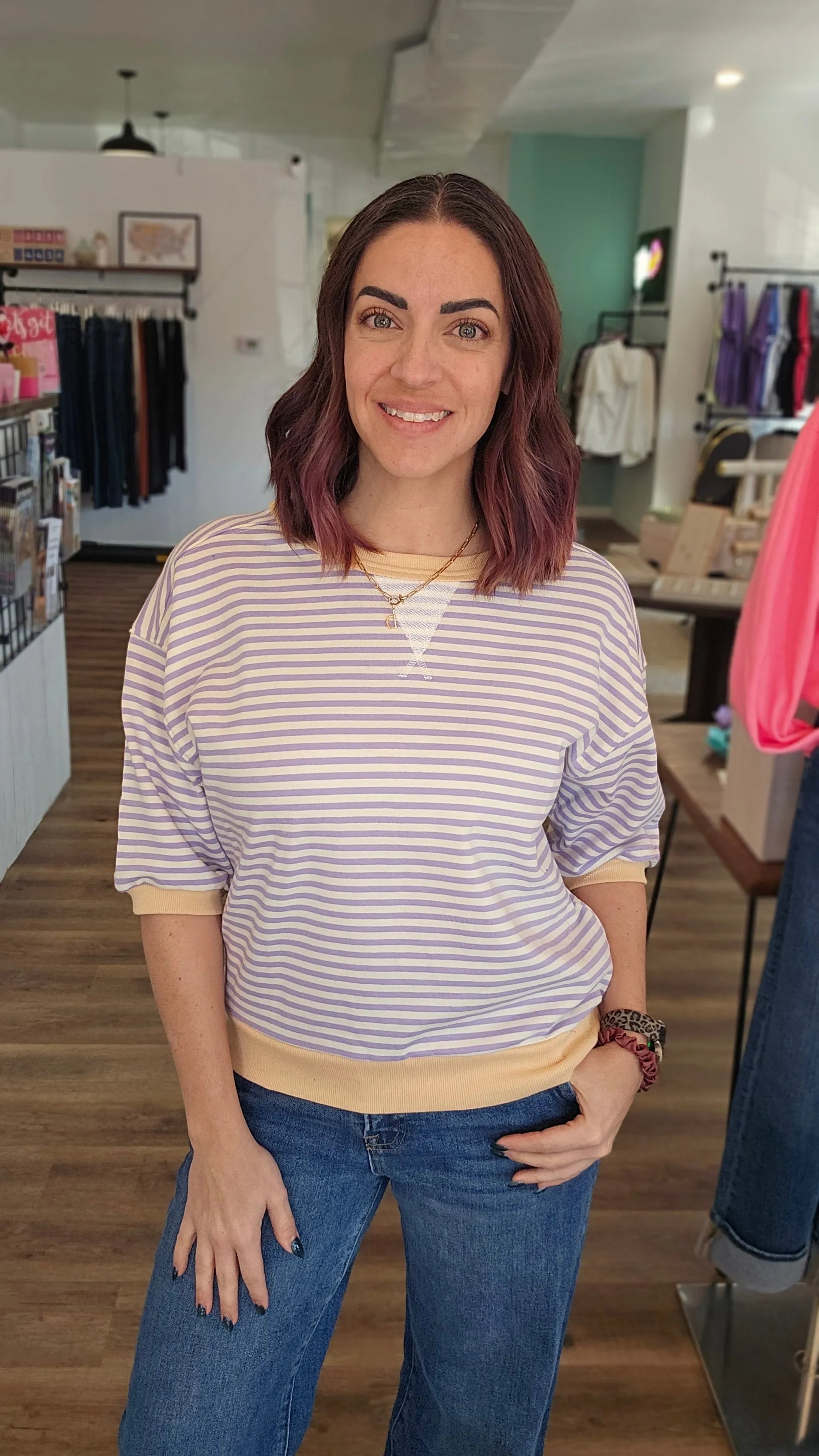 Shop Sunny Days Striped Tee - Lavender and Butter- at Ruby Joy Boutique, a Women's Clothing Store in Pickerington, Ohio