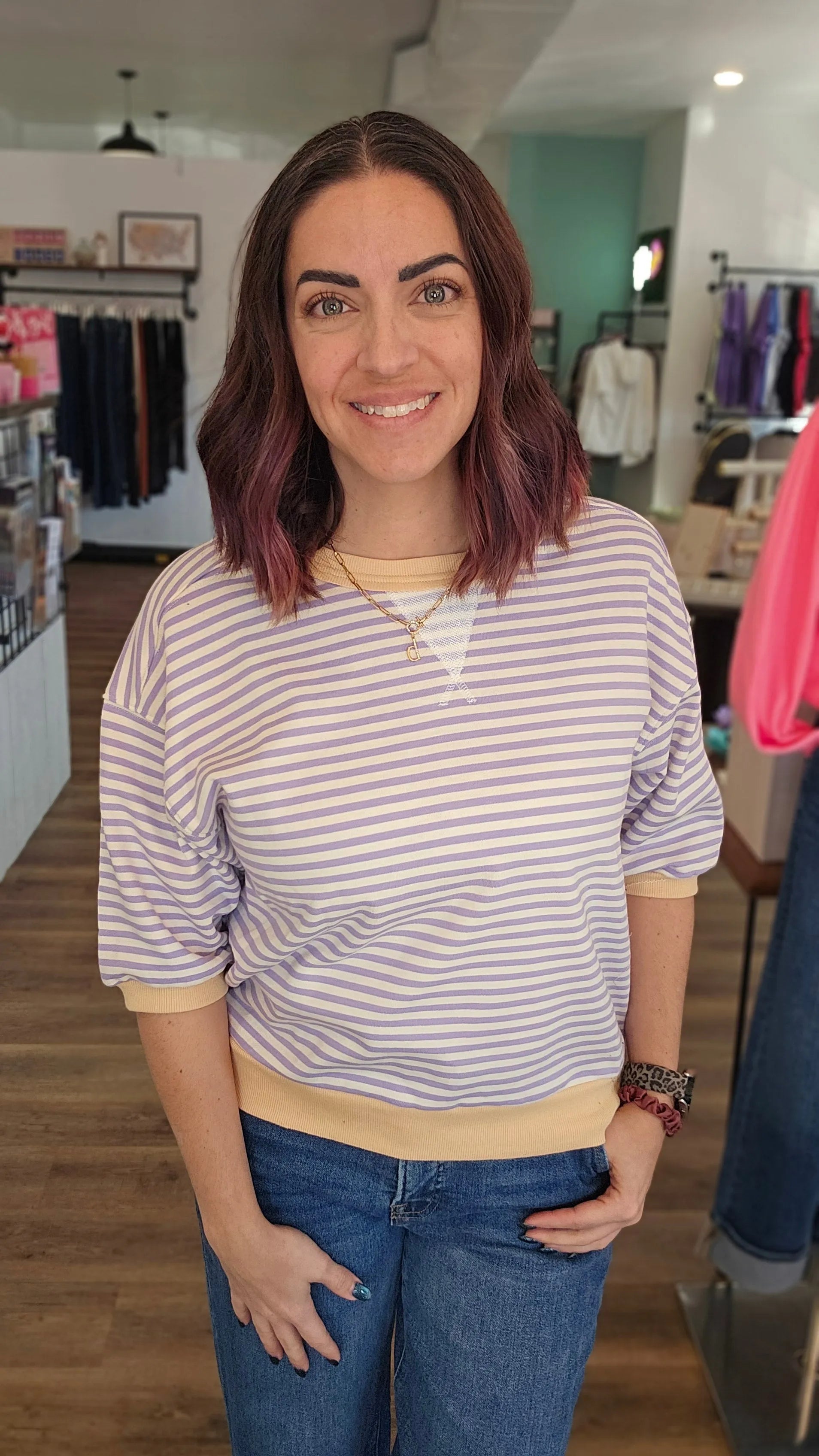 Shop Sunny Days Striped Tee - Lavender and Butter- at Ruby Joy Boutique, a Women's Clothing Store in Pickerington, Ohio