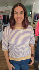 Shop Sunny Days Striped Tee - Lavender and Butter- at Ruby Joy Boutique, a Women's Clothing Store in Pickerington, Ohio