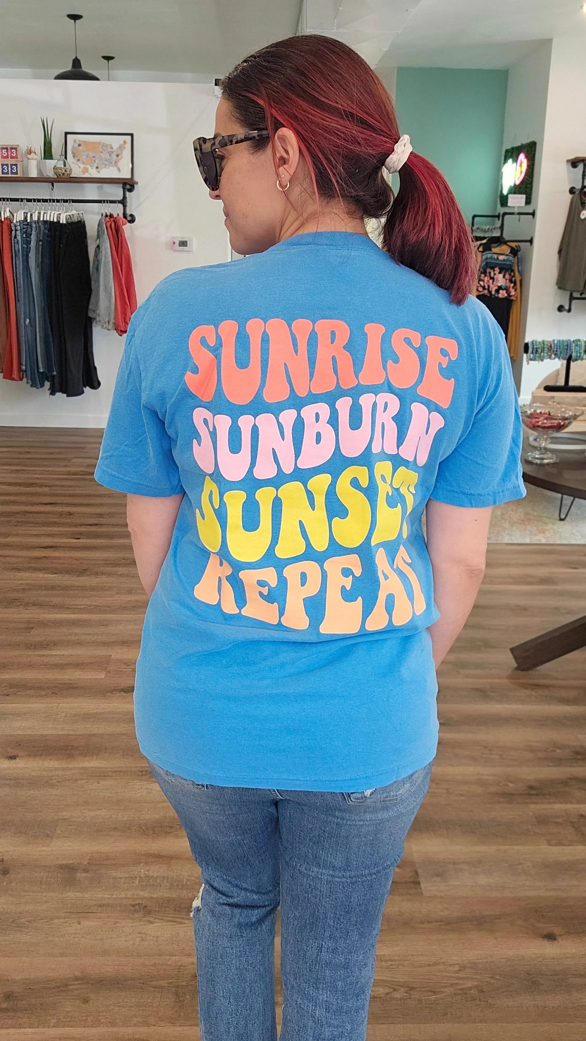 Shop Sunrise, Sunburn, Sunset, Repeat-Graphic Tee at Ruby Joy Boutique, a Women's Clothing Store in Pickerington, Ohio