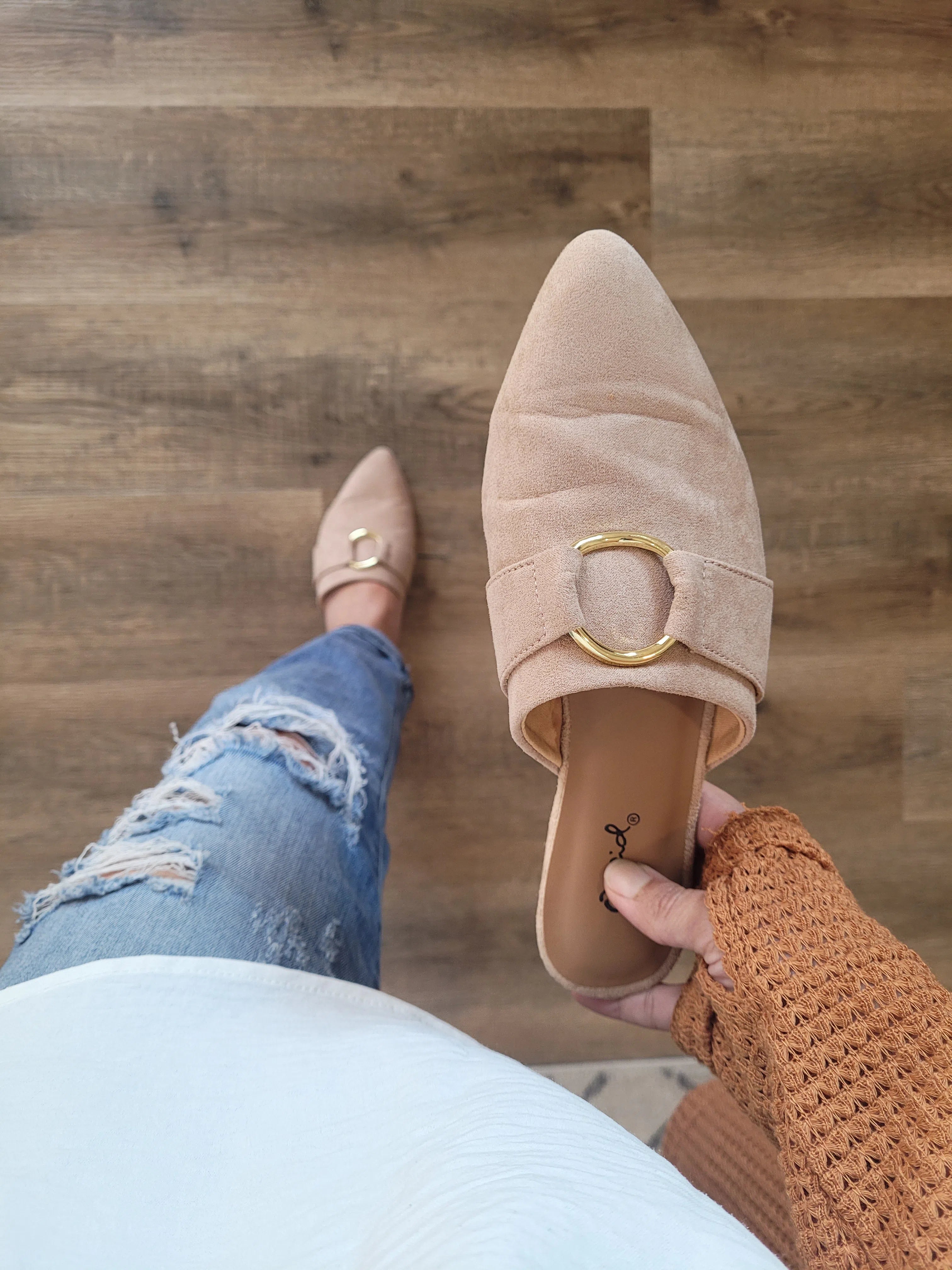 Shop Swirl Mules -Taupe Suede-Shoes at Ruby Joy Boutique, a Women's Clothing Store in Pickerington, Ohio