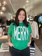 Shop Tall Merry Tee - Green-Graphic Tee at Ruby Joy Boutique, a Women's Clothing Store in Pickerington, Ohio