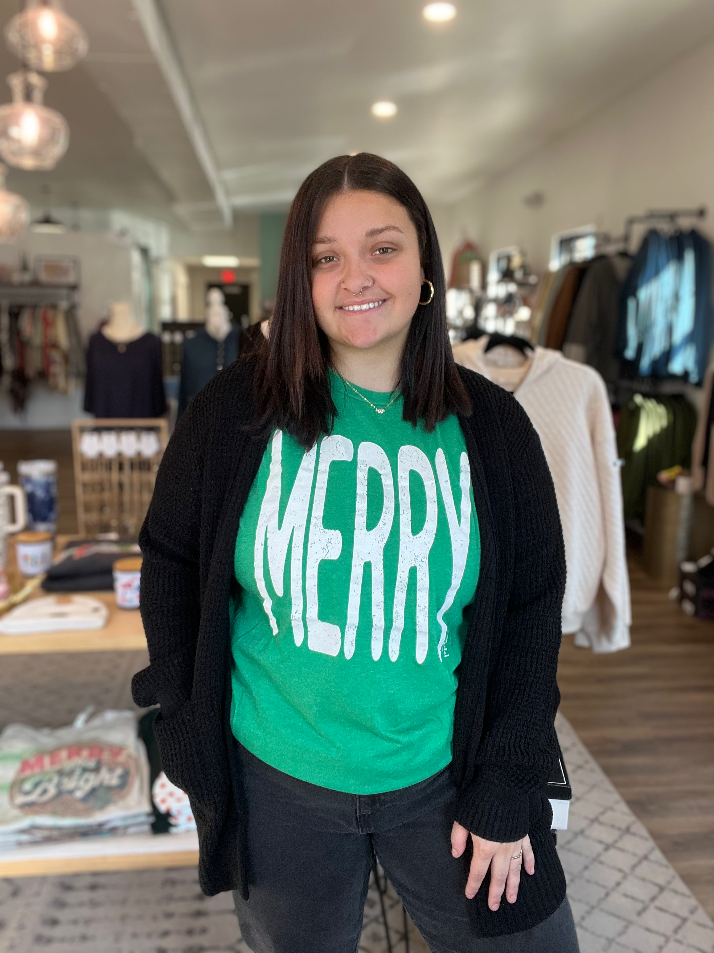 Shop Tall Merry Tee - Green-Graphic Tee at Ruby Joy Boutique, a Women's Clothing Store in Pickerington, Ohio