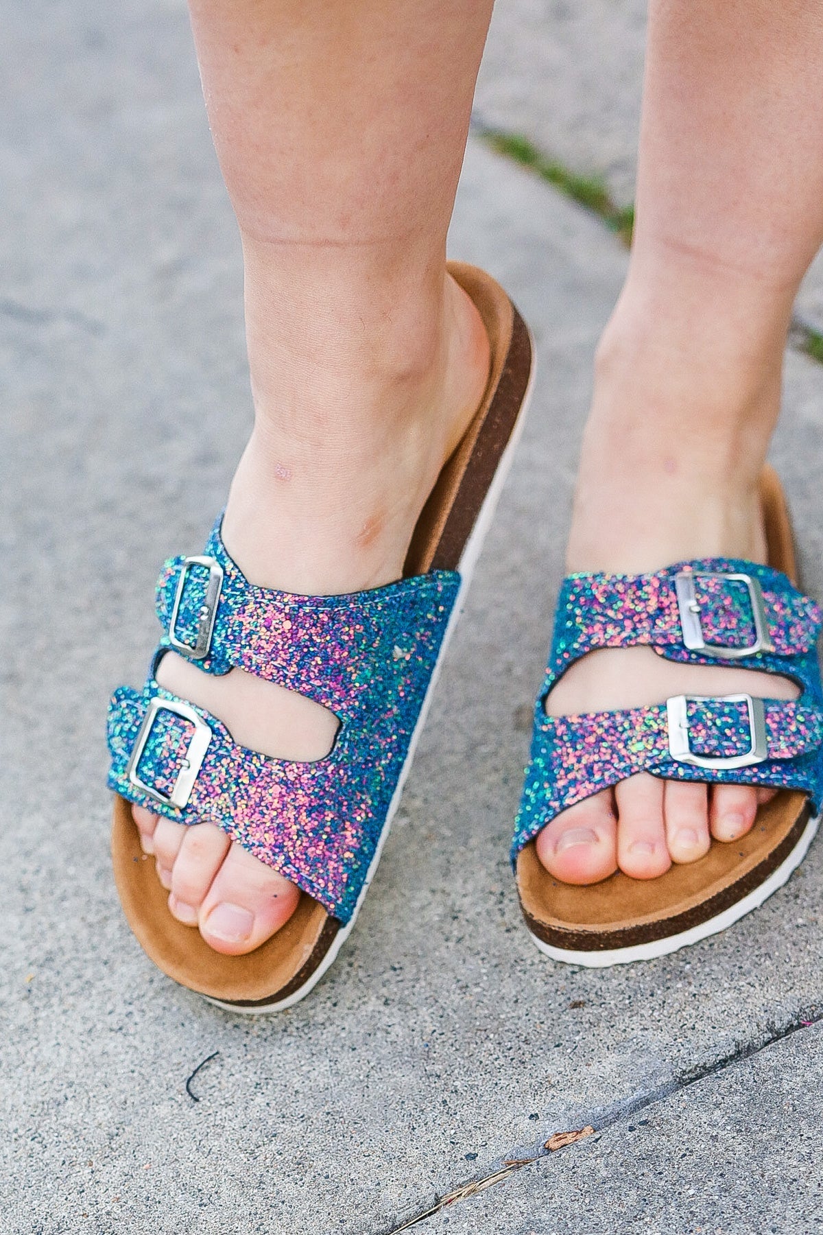 Shop Teal Glitter Cork Bed Buckle Slip-On Sandals-Sandals at Ruby Joy Boutique, a Women's Clothing Store in Pickerington, Ohio