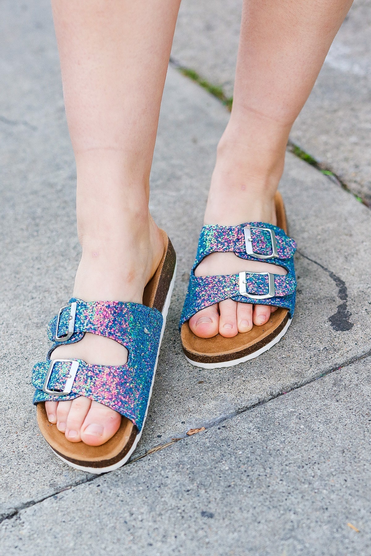Shop Teal Glitter Cork Bed Buckle Slip-On Sandals-Sandals at Ruby Joy Boutique, a Women's Clothing Store in Pickerington, Ohio
