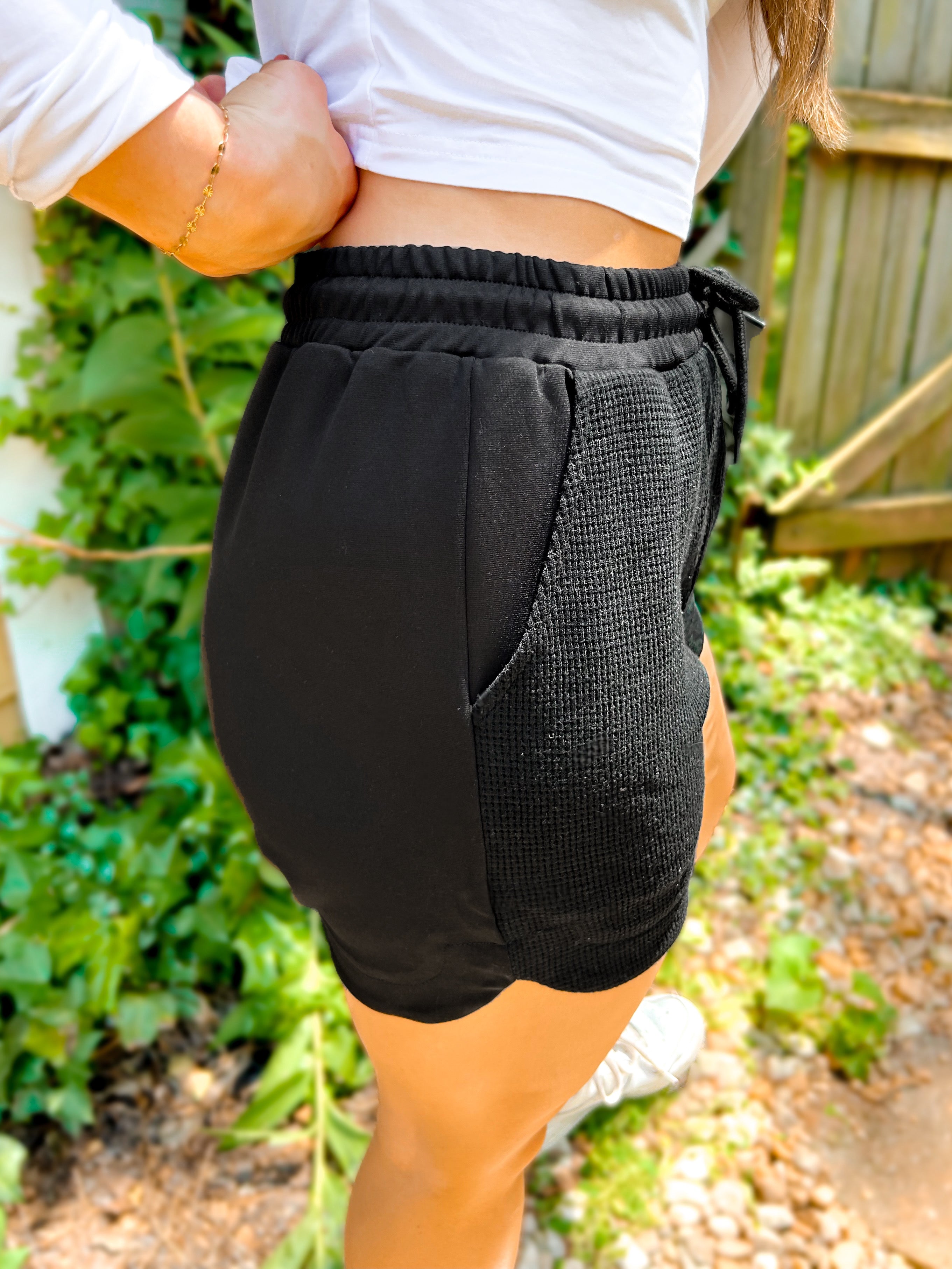 Shop Tia Two Tone Waffle Shorts-Black at Ruby Joy Boutique, a Women's Clothing Store in Pickerington, Ohio