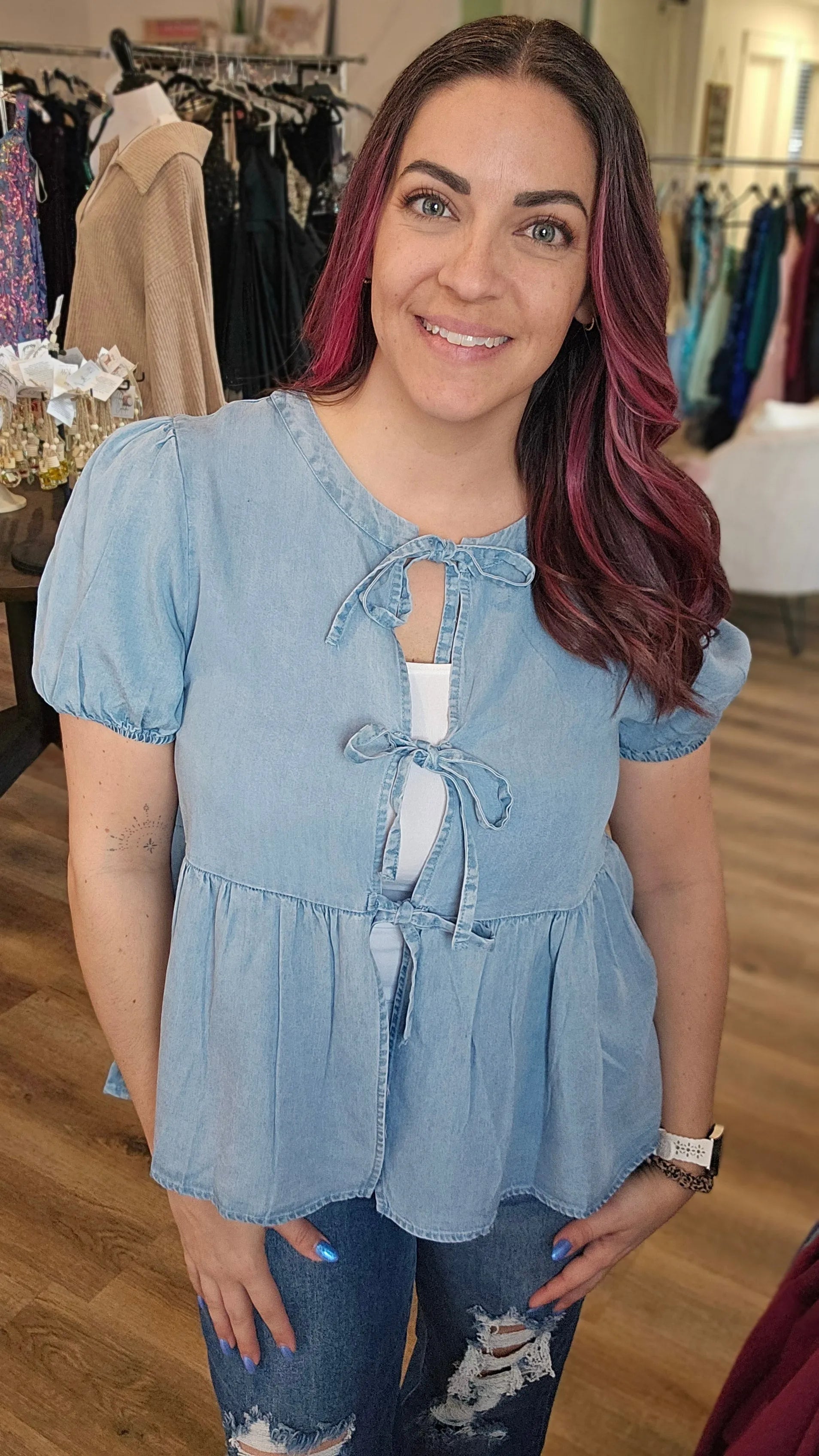 Shop Tie Detail Tencel Peplum Top- at Ruby Joy Boutique, a Women's Clothing Store in Pickerington, Ohio