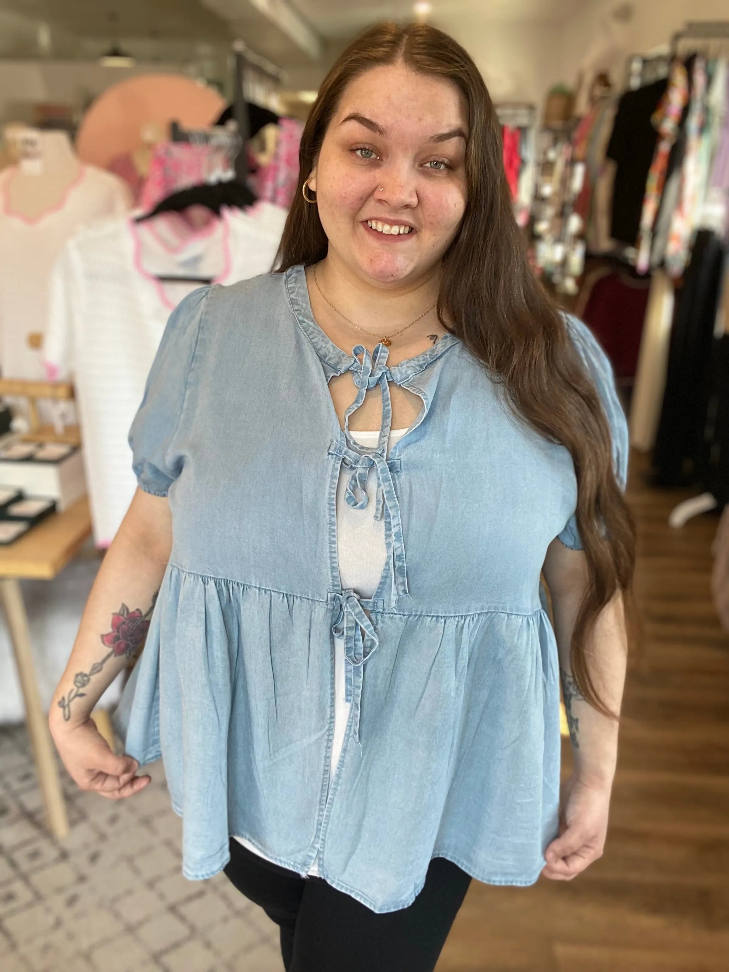 Shop Tie Detail Tencel Peplum Top- at Ruby Joy Boutique, a Women's Clothing Store in Pickerington, Ohio