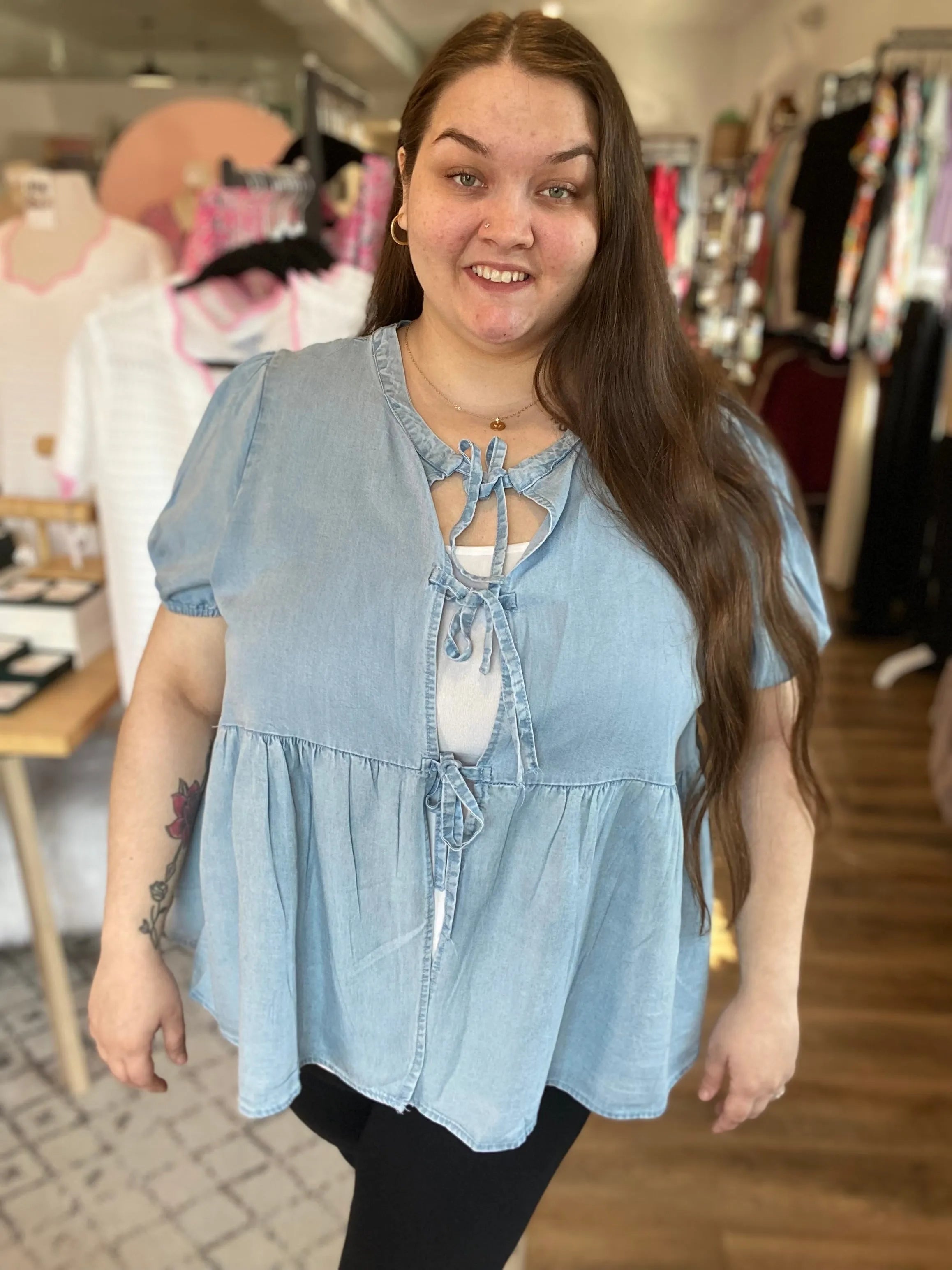 Shop Tie Detail Tencel Peplum Top-1XL at Ruby Joy Boutique, a Women's Clothing Store in Pickerington, Ohio