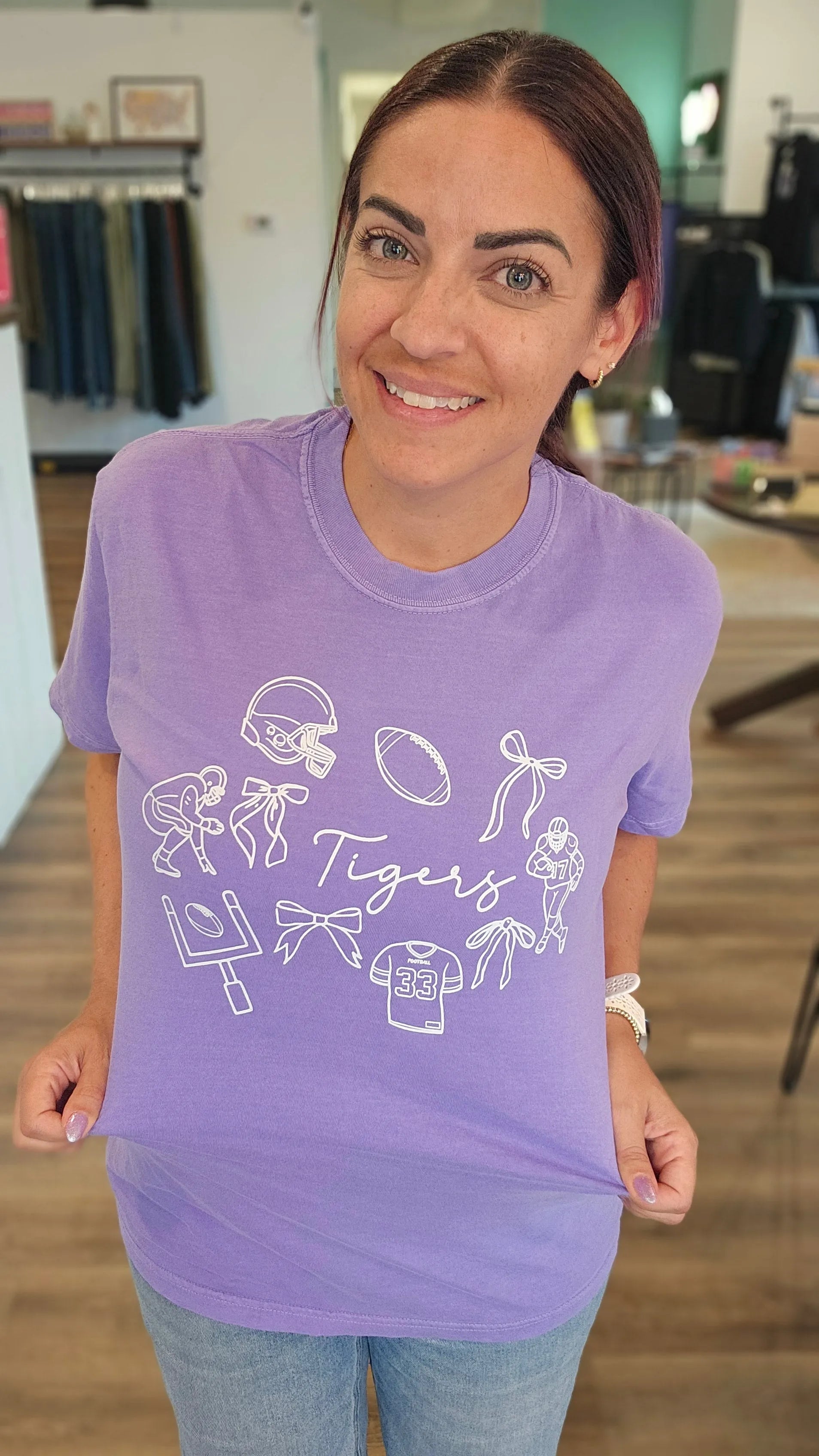 Shop Tigers Football Collage Graphic Tee- at Ruby Joy Boutique, a Women's Clothing Store in Pickerington, Ohio