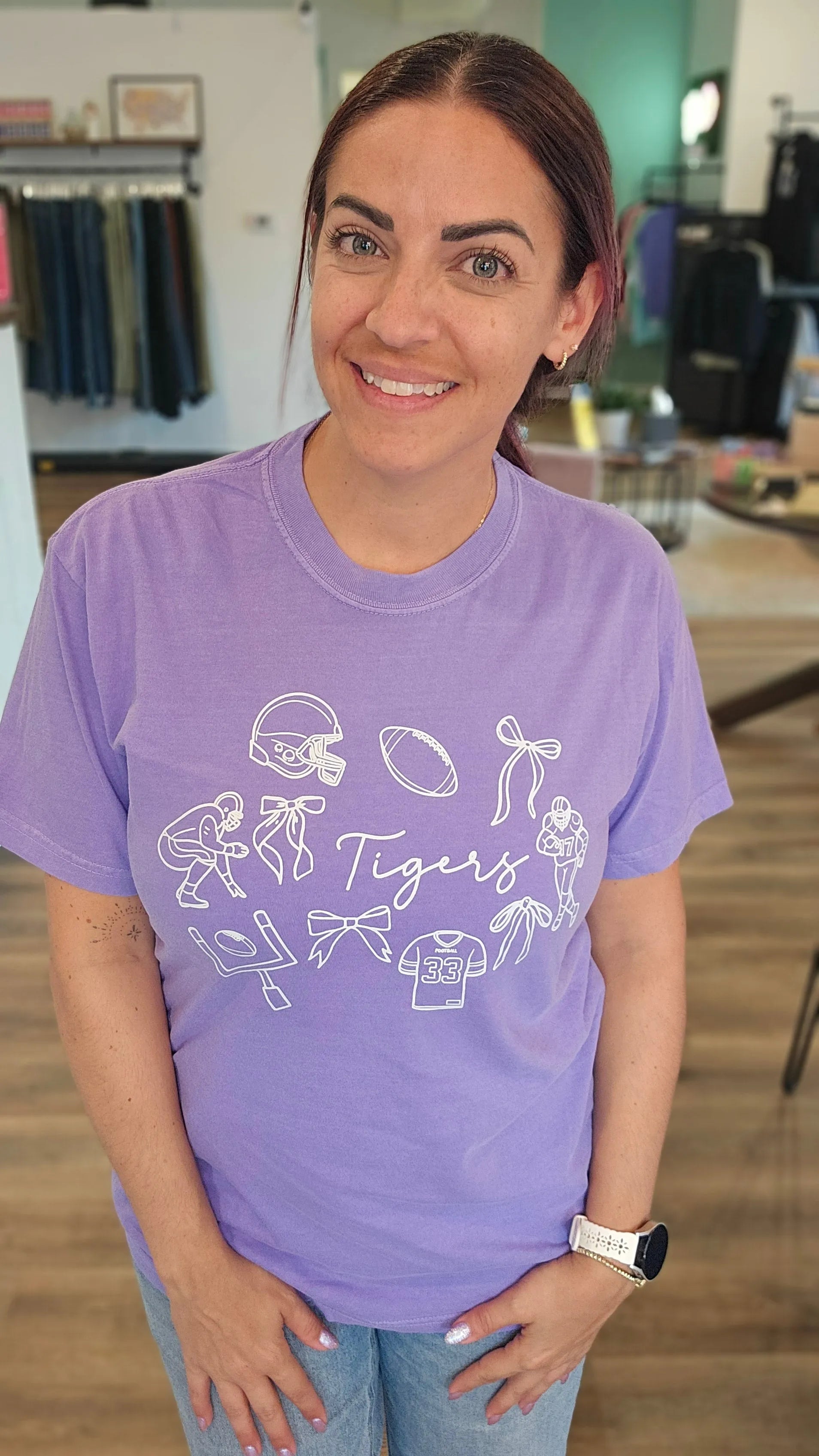 Shop Tigers Football Collage Graphic Tee- at Ruby Joy Boutique, a Women's Clothing Store in Pickerington, Ohio