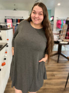 Shop Tilly Charcoal Dress With Pockets-Dresses at Ruby Joy Boutique, a Women's Clothing Store in Pickerington, Ohio