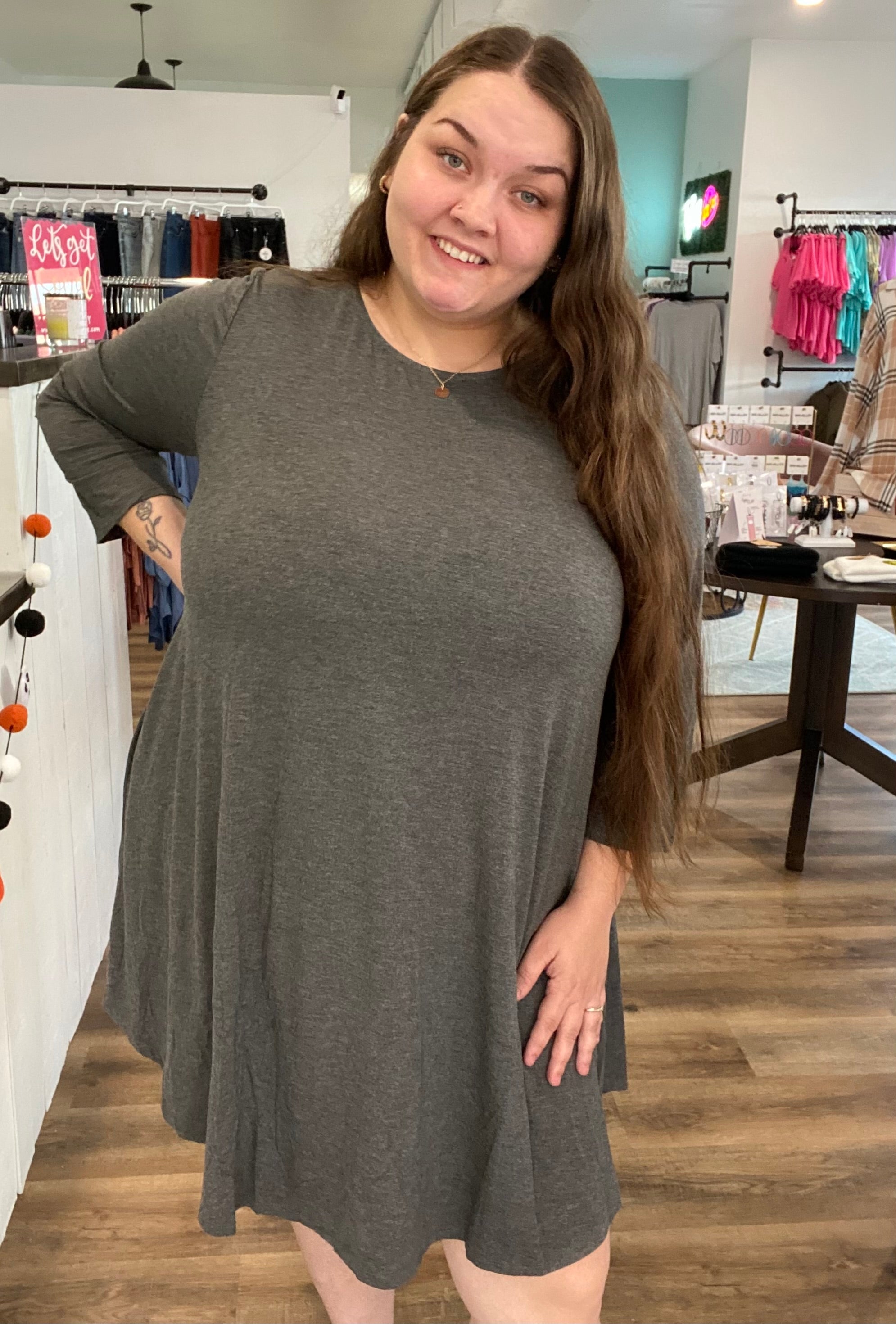 Shop Tilly Charcoal Dress With Pockets-Dresses at Ruby Joy Boutique, a Women's Clothing Store in Pickerington, Ohio