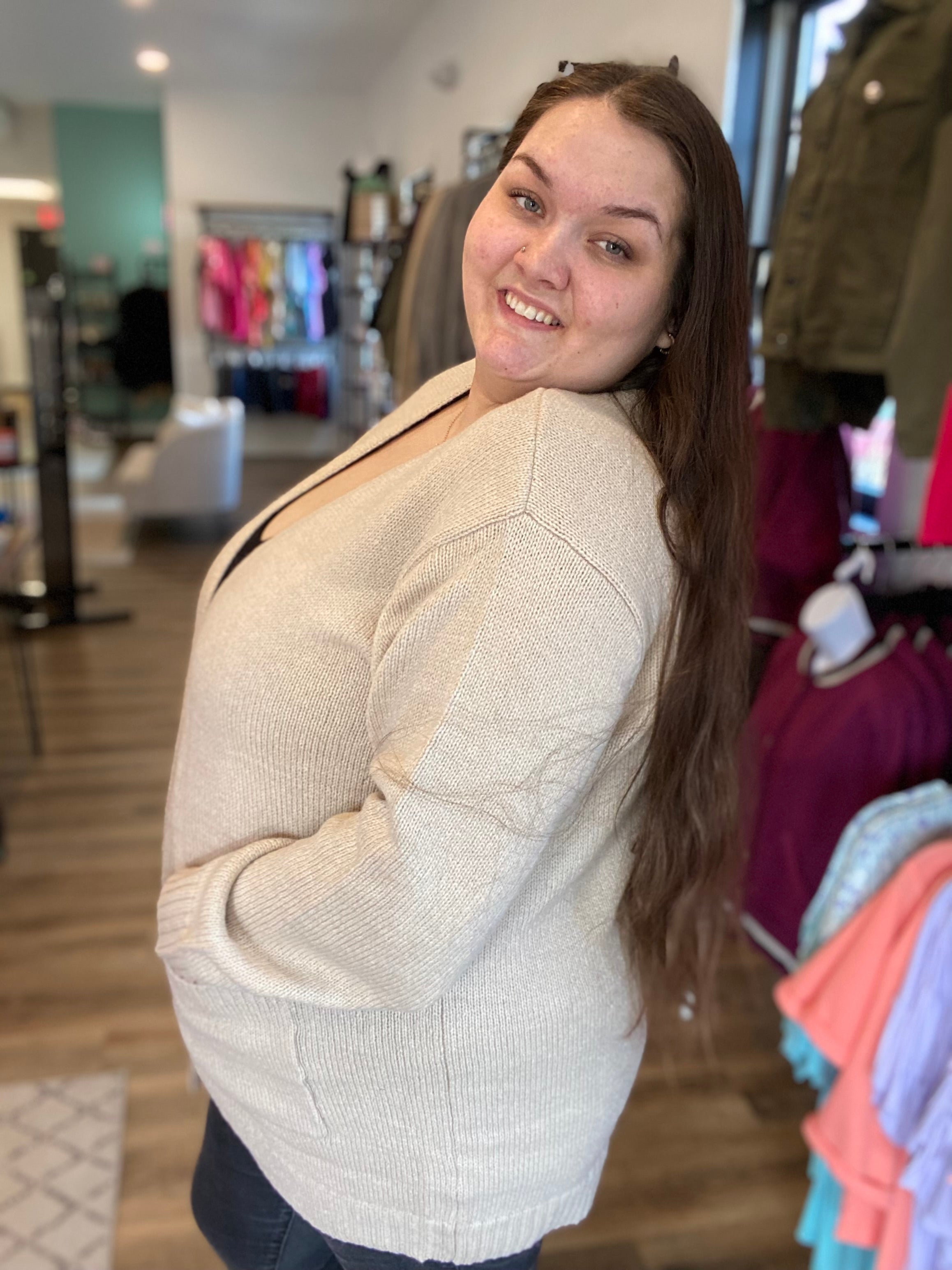 Shop Tori Open Cardigan - Beige-Cardigan at Ruby Joy Boutique, a Women's Clothing Store in Pickerington, Ohio