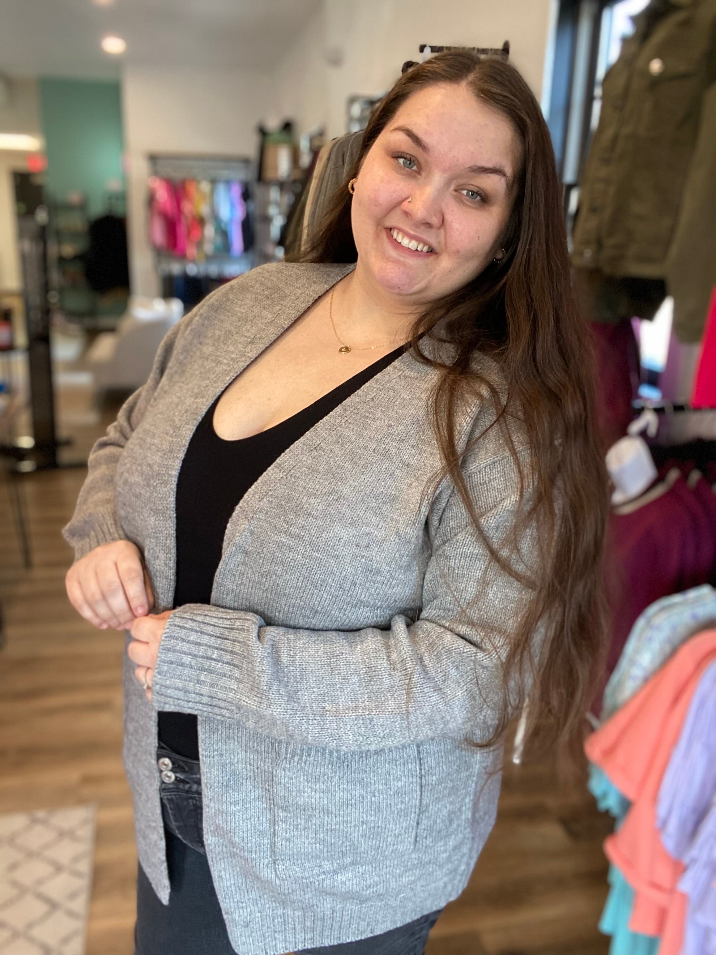 Shop Tori Open Cardigan - Grey-Cardigan at Ruby Joy Boutique, a Women's Clothing Store in Pickerington, Ohio