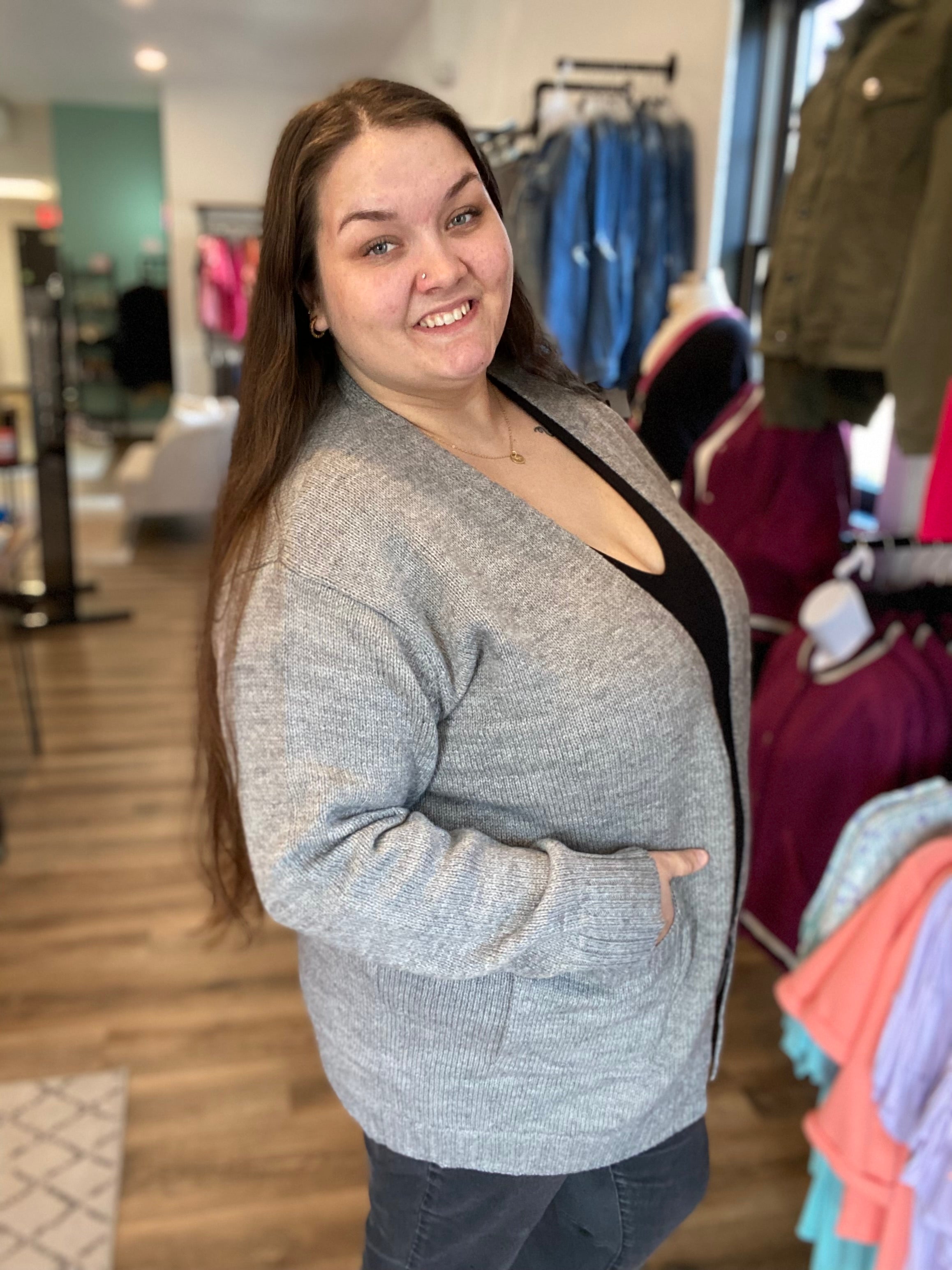 Shop Tori Open Cardigan - Grey-Cardigan at Ruby Joy Boutique, a Women's Clothing Store in Pickerington, Ohio