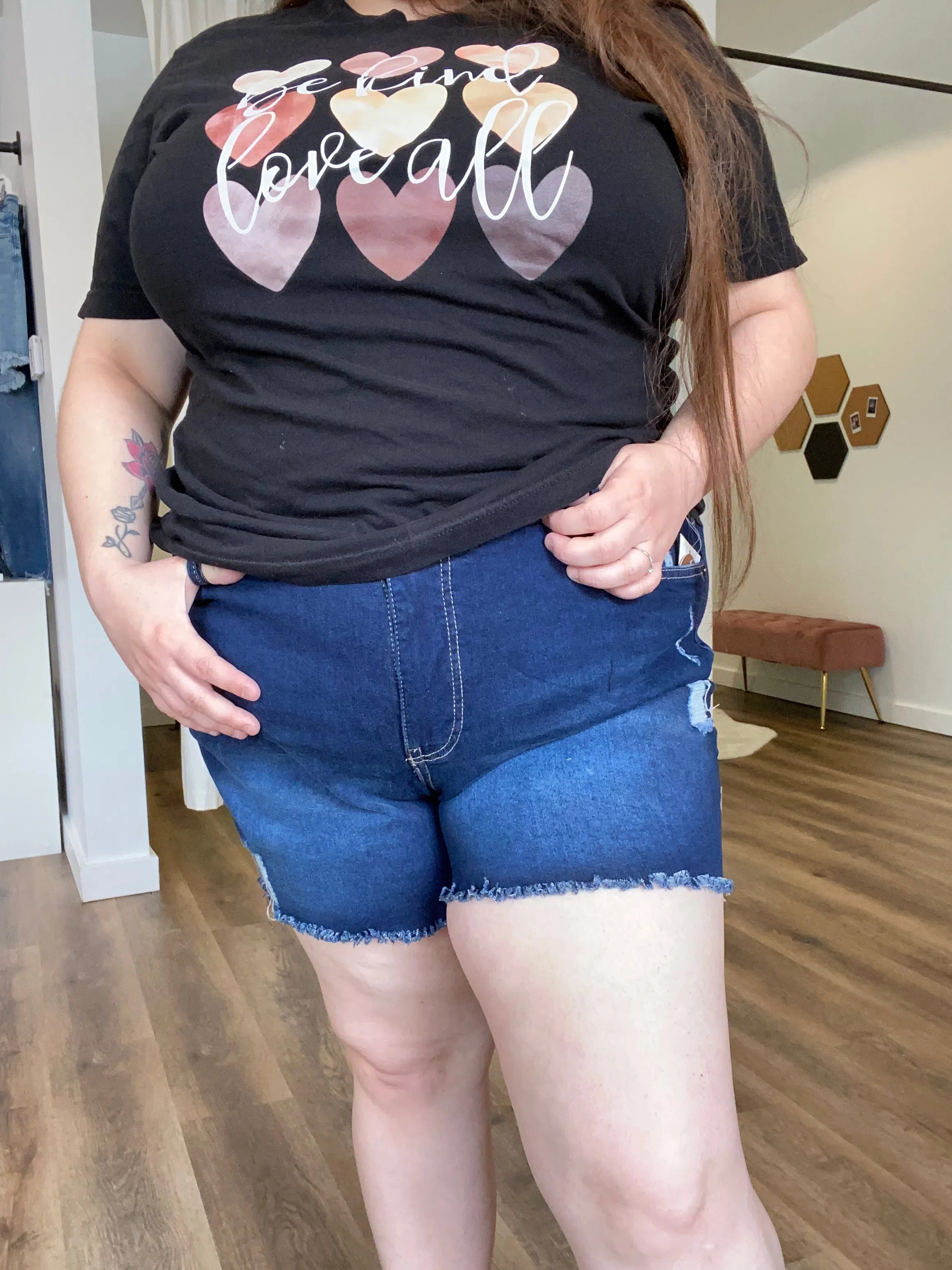 Shop Tummy Control Frayed Dark Denim Shorts-Shorts at Ruby Joy Boutique, a Women's Clothing Store in Pickerington, Ohio