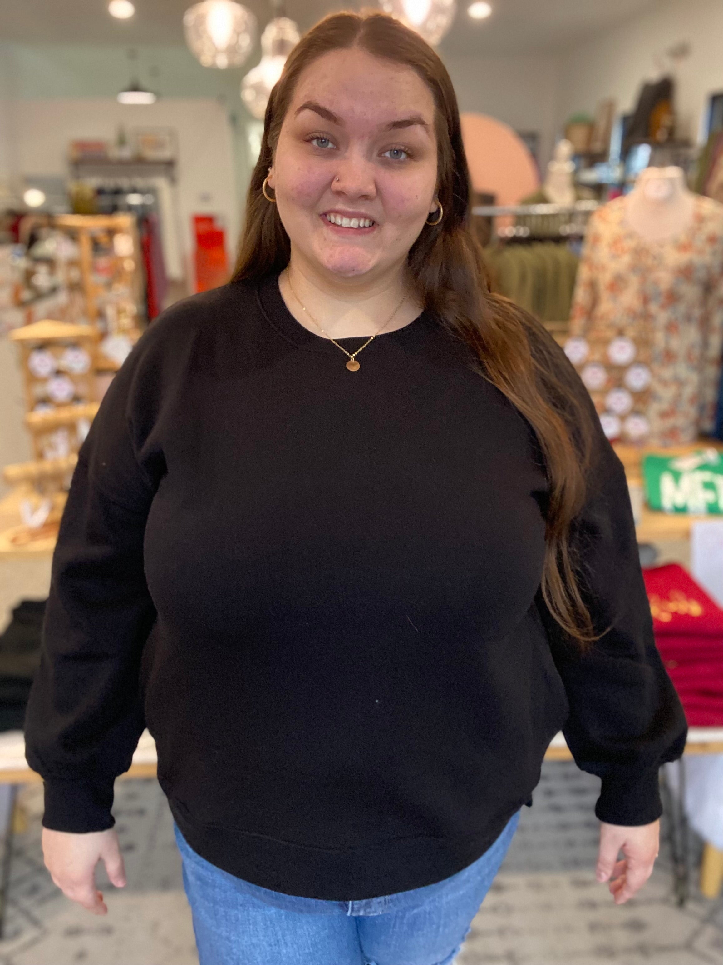 Shop Tunic Sweatshirt with Pockets - Black-Sweatshirt at Ruby Joy Boutique, a Women's Clothing Store in Pickerington, Ohio