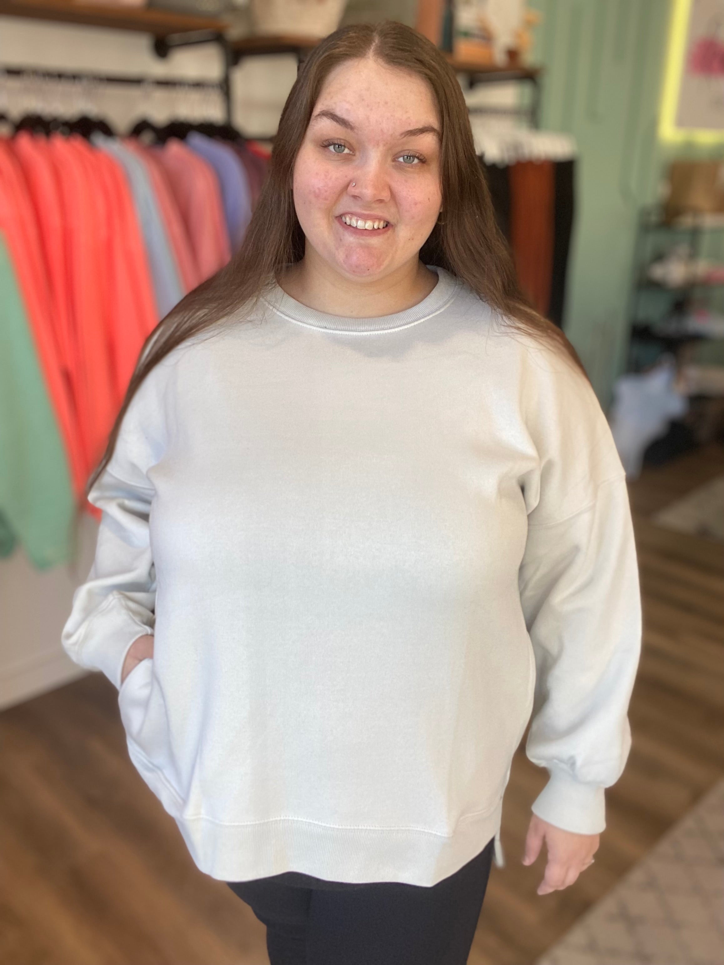 Shop Tunic Sweatshirt with Pockets - Pearl-Sweatshirt at Ruby Joy Boutique, a Women's Clothing Store in Pickerington, Ohio