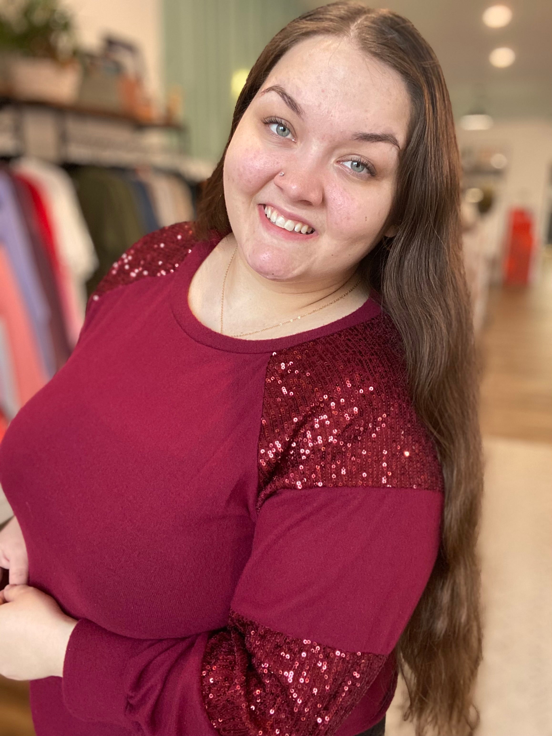 Shop Twilight Sparkle Top - Burgundy-Shirts & Tops at Ruby Joy Boutique, a Women's Clothing Store in Pickerington, Ohio