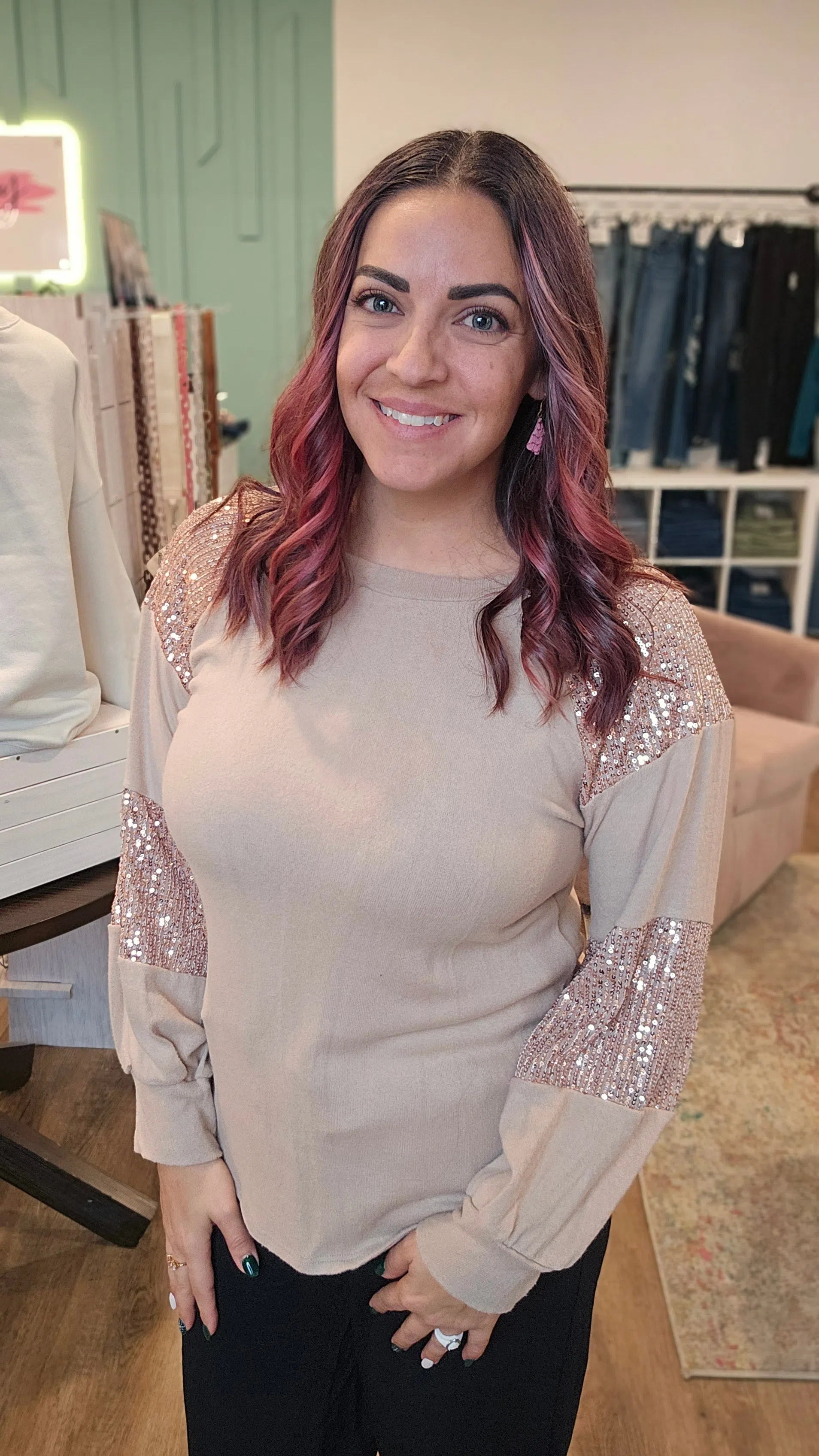 Shop Twilight Sparkle Top - Champagne-Shirts & Tops at Ruby Joy Boutique, a Women's Clothing Store in Pickerington, Ohio