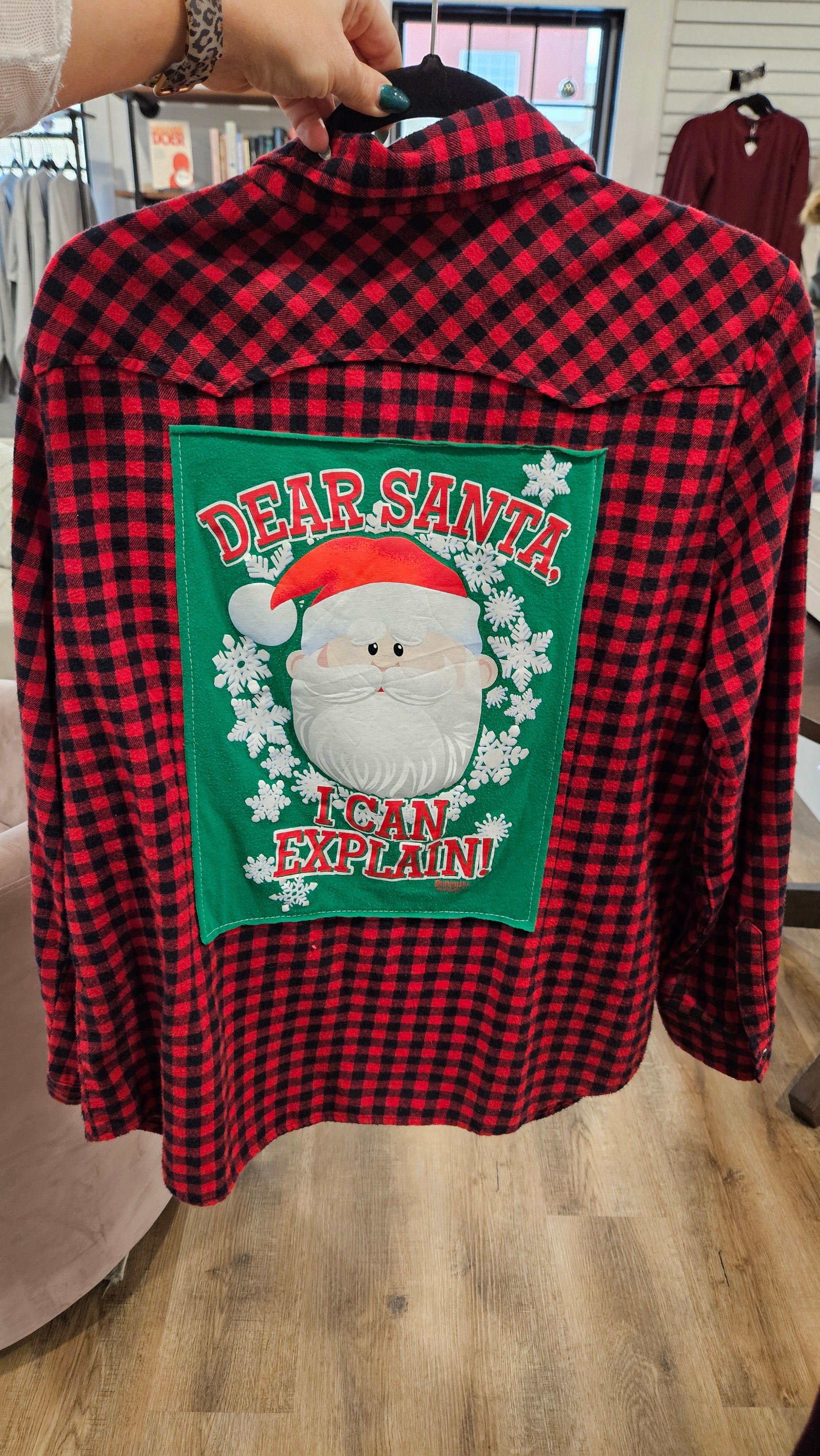 Shop Upcycled Holiday Flannels-XL - Dear Santa, I Can Explain at Ruby Joy Boutique, a Women's Clothing Store in Pickerington, Ohio