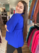 Shop V-Neck Babydoll Blouse - Royal Blue-Blouse at Ruby Joy Boutique, a Women's Clothing Store in Pickerington, Ohio