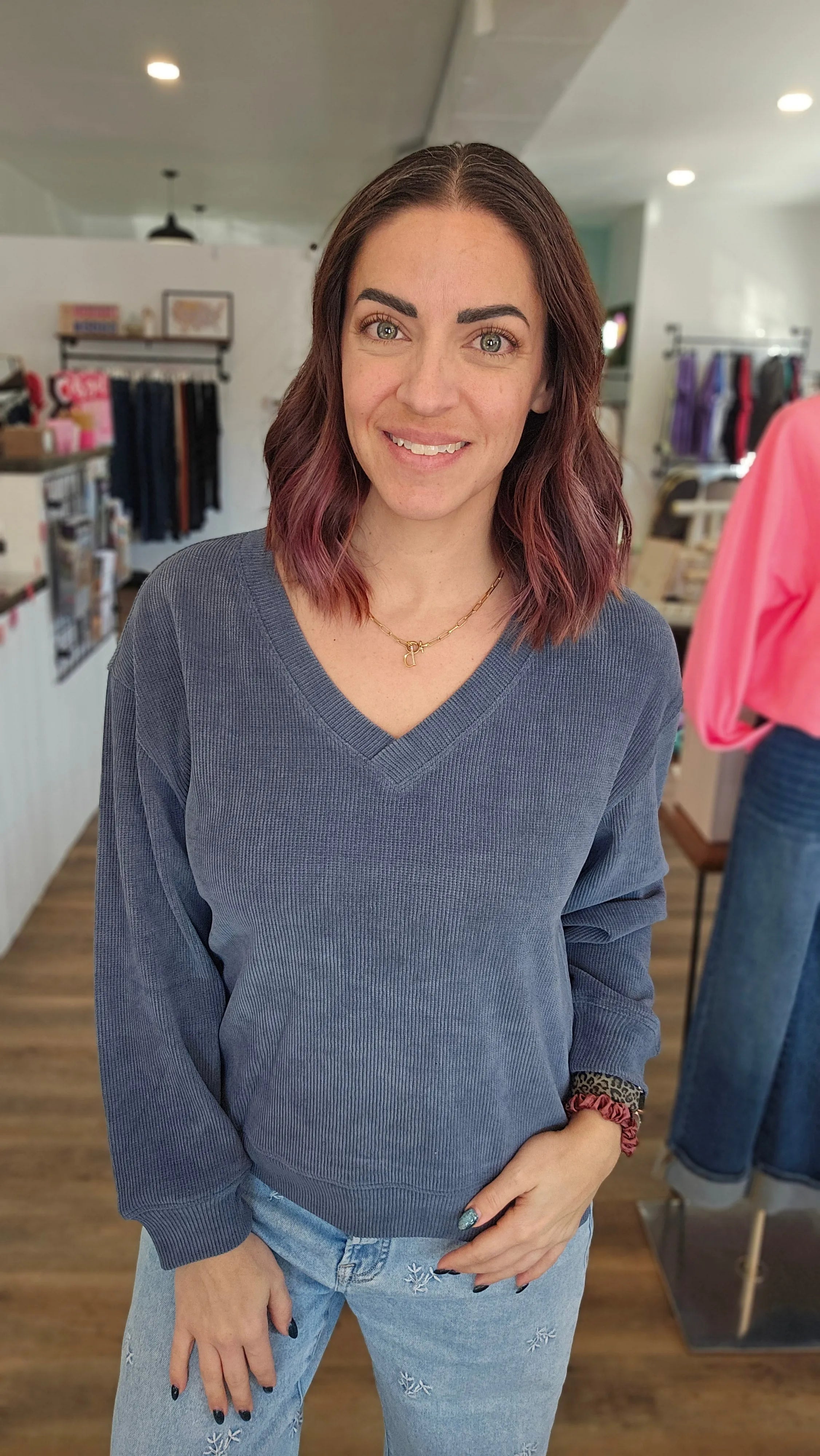 Shop V-Neck Corded Top - Denim- at Ruby Joy Boutique, a Women's Clothing Store in Pickerington, Ohio