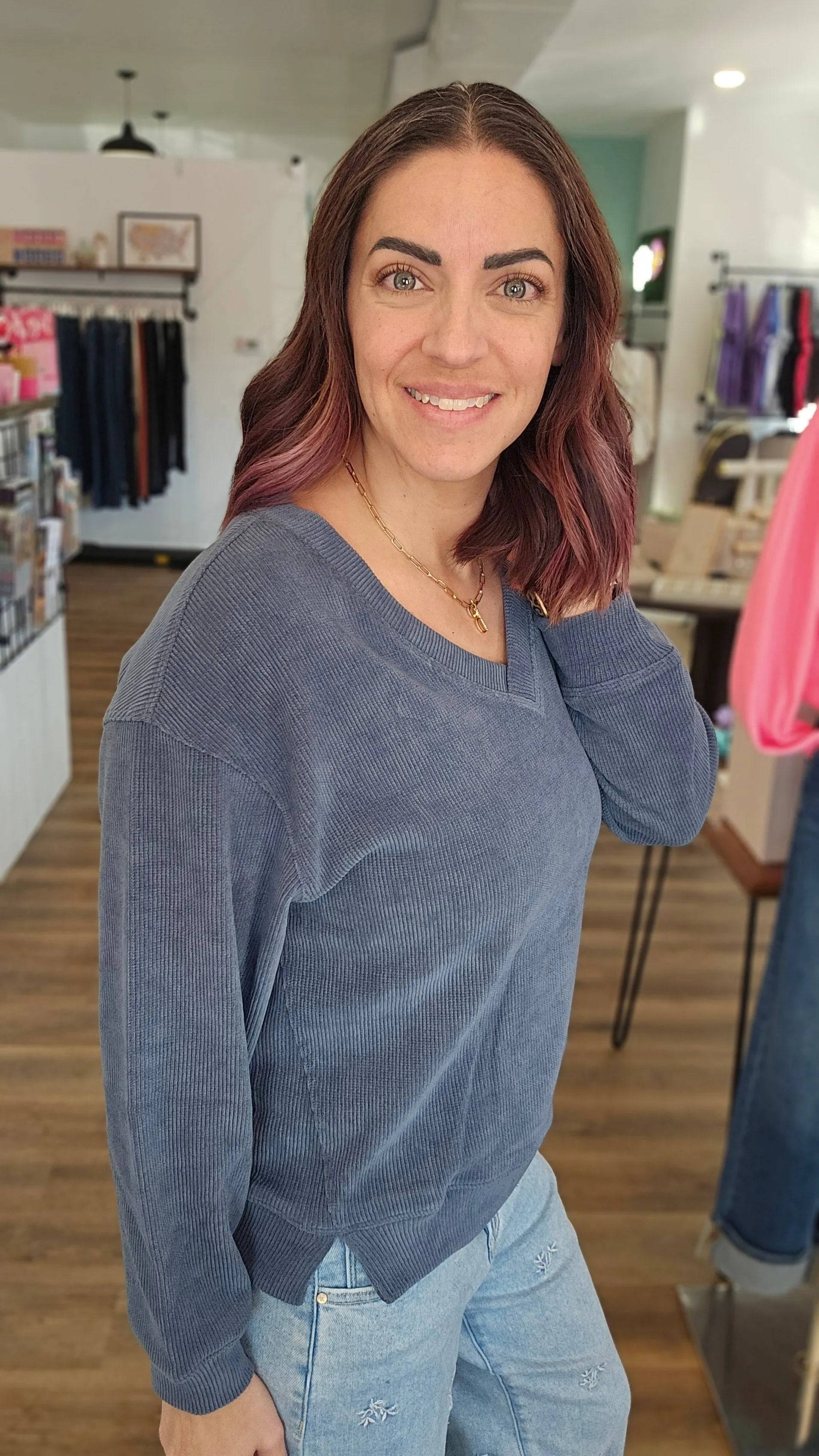 Shop V-Neck Corded Top - Denim- at Ruby Joy Boutique, a Women's Clothing Store in Pickerington, Ohio