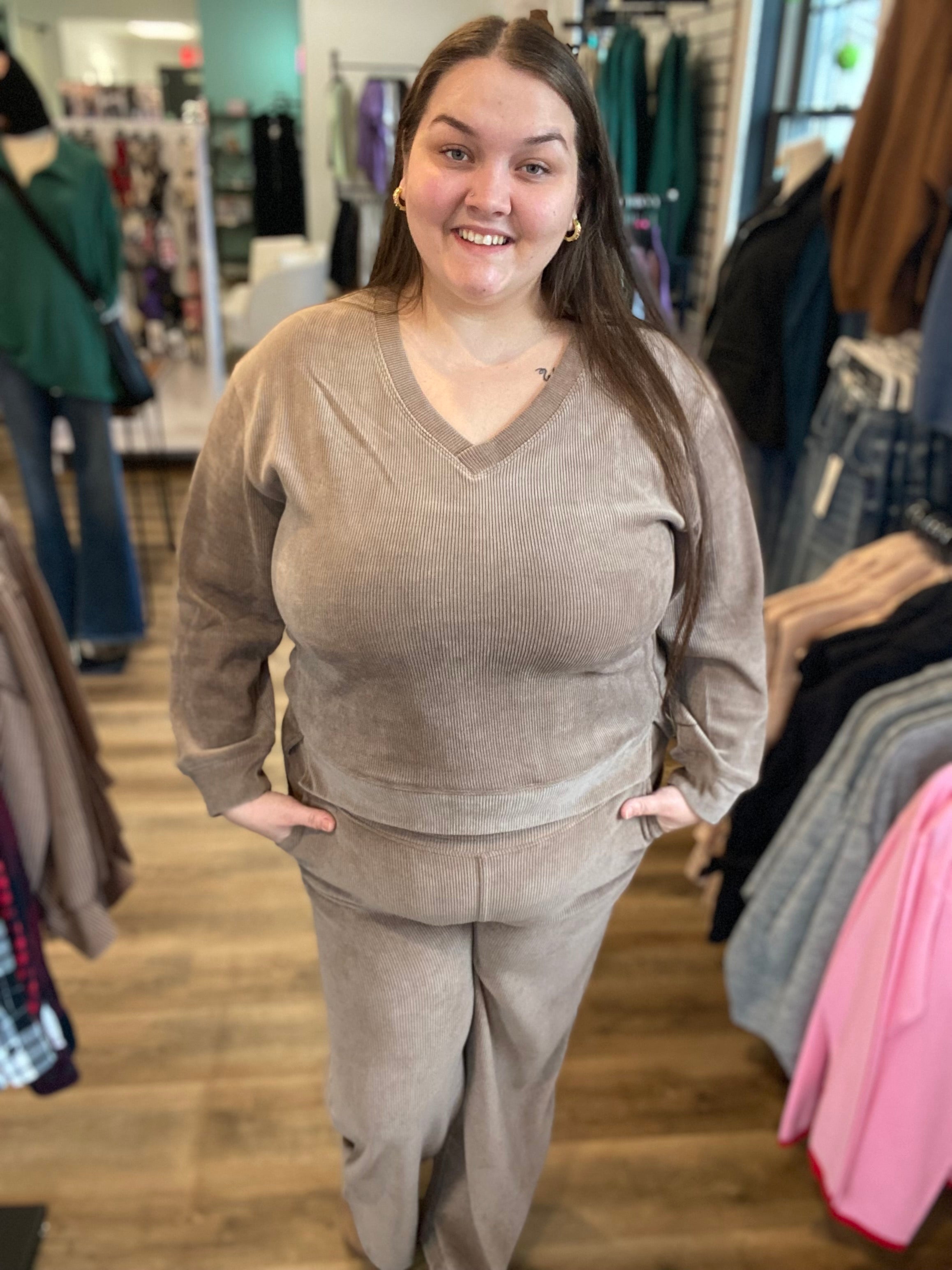 Shop V-Neck Corded Top - Khaki- at Ruby Joy Boutique, a Women's Clothing Store in Pickerington, Ohio