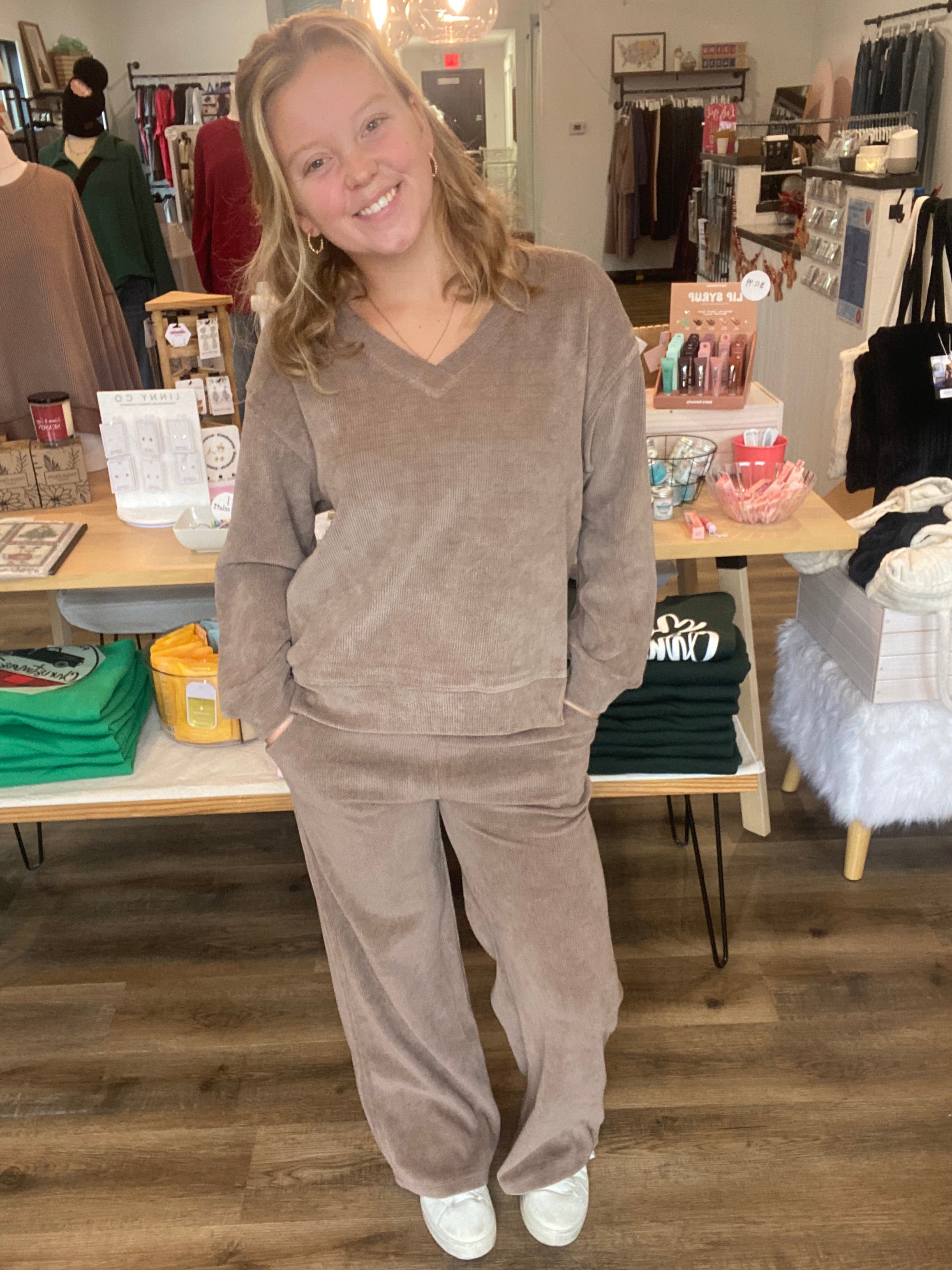 Shop V-Neck Corded Top - Khaki- at Ruby Joy Boutique, a Women's Clothing Store in Pickerington, Ohio