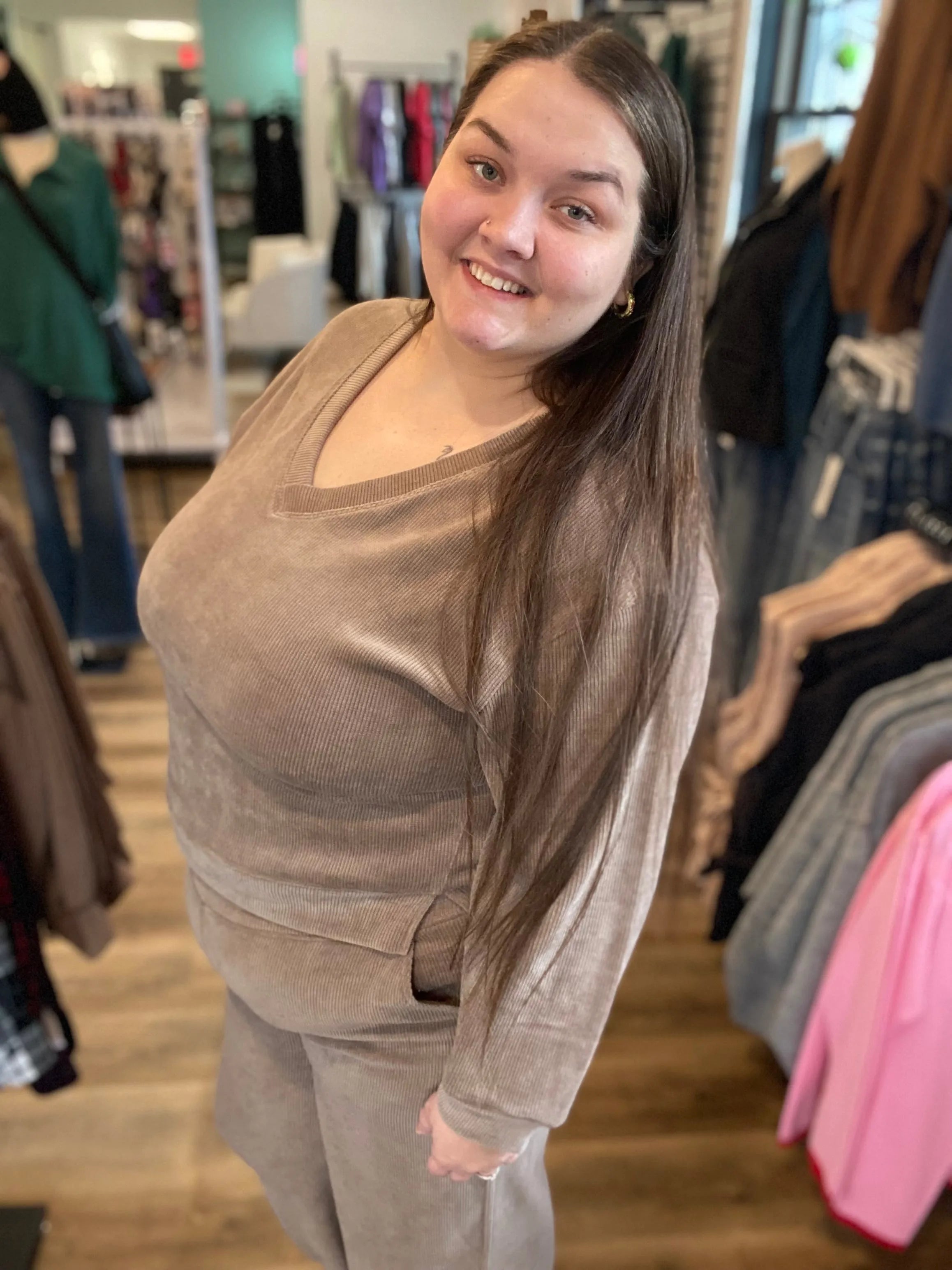Shop V-Neck Corded Top - Khaki- at Ruby Joy Boutique, a Women's Clothing Store in Pickerington, Ohio