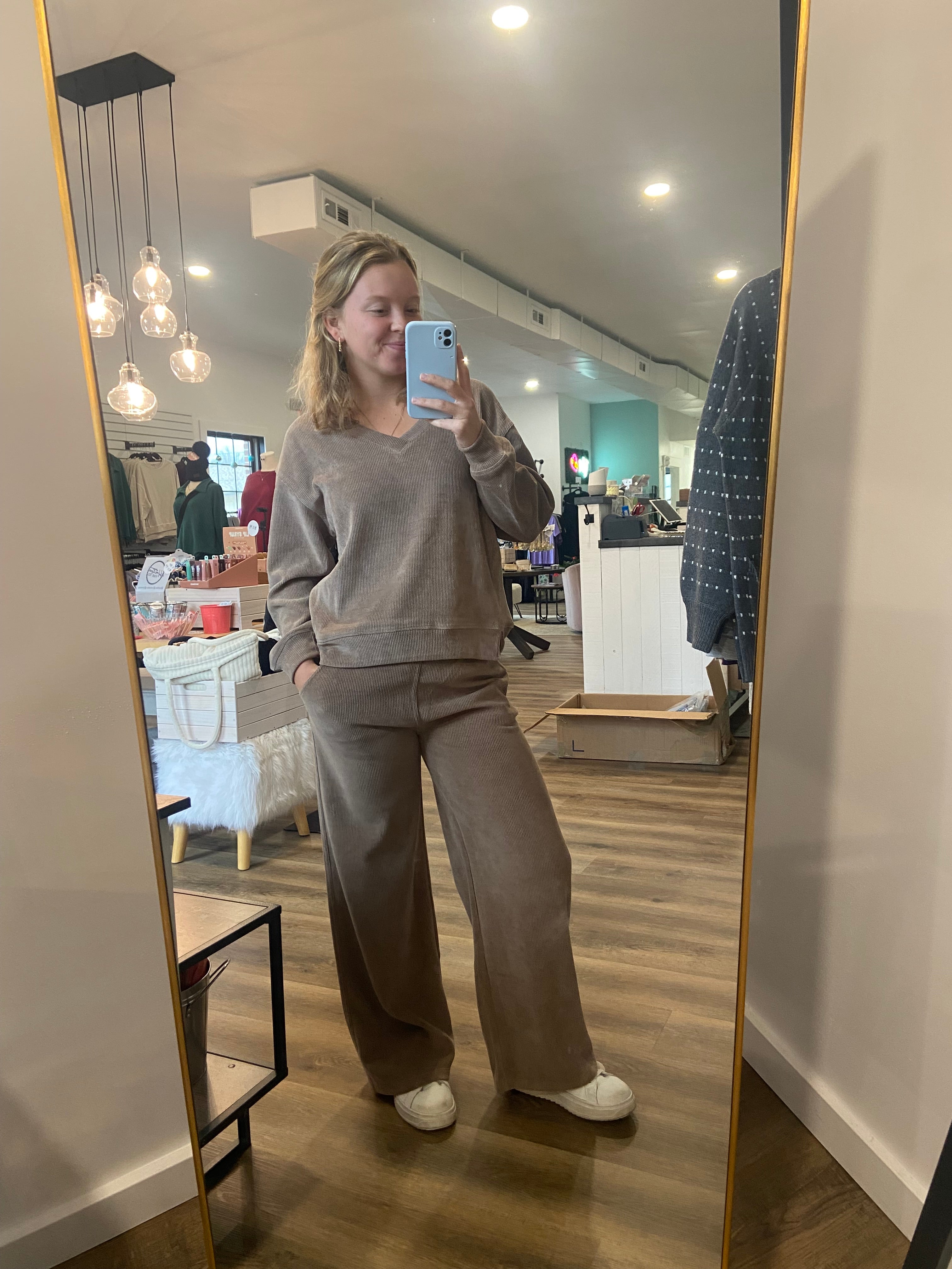 Shop V-Neck Corded Top - Khaki- at Ruby Joy Boutique, a Women's Clothing Store in Pickerington, Ohio