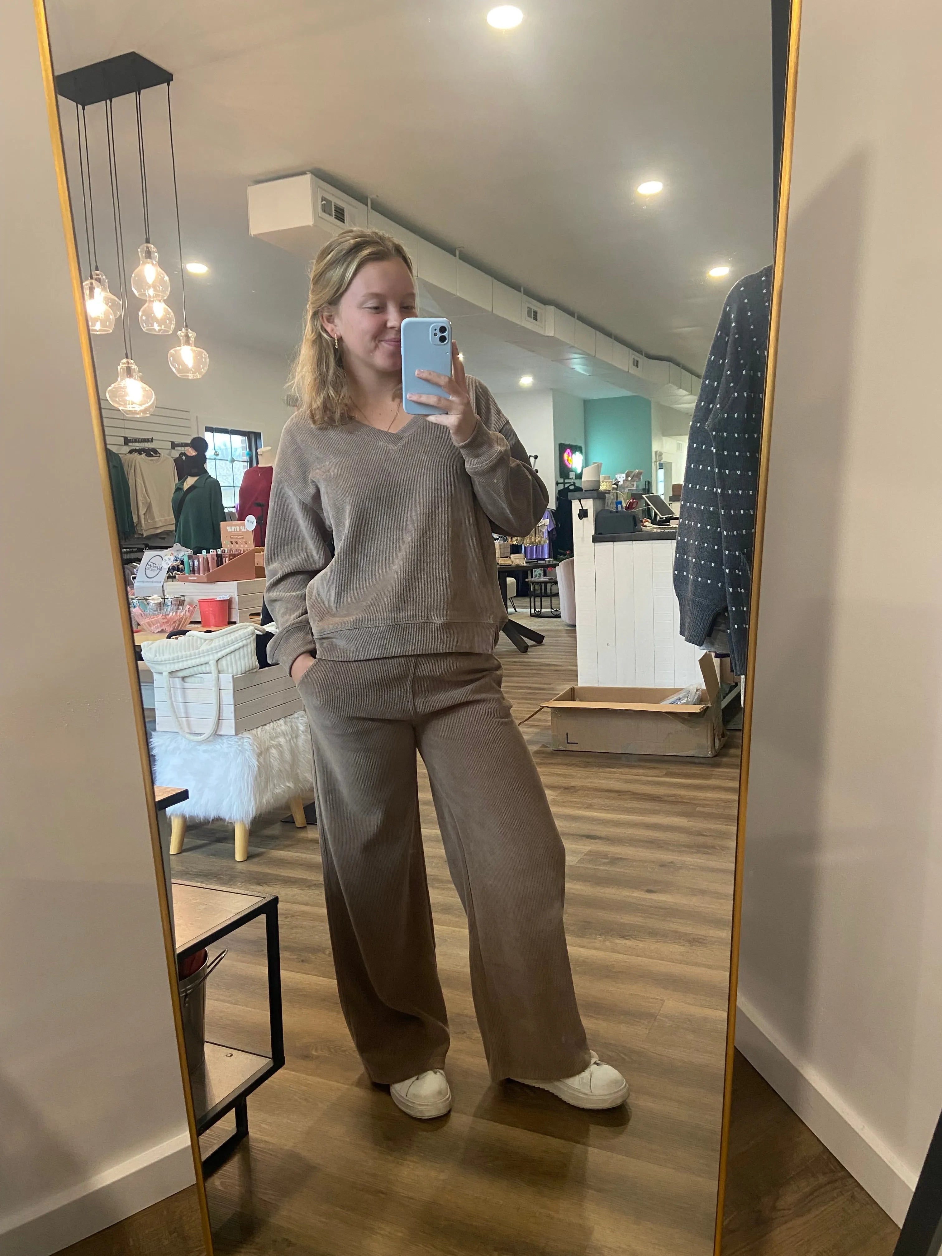 Shop V-Neck Corded Top - Khaki- at Ruby Joy Boutique, a Women's Clothing Store in Pickerington, Ohio