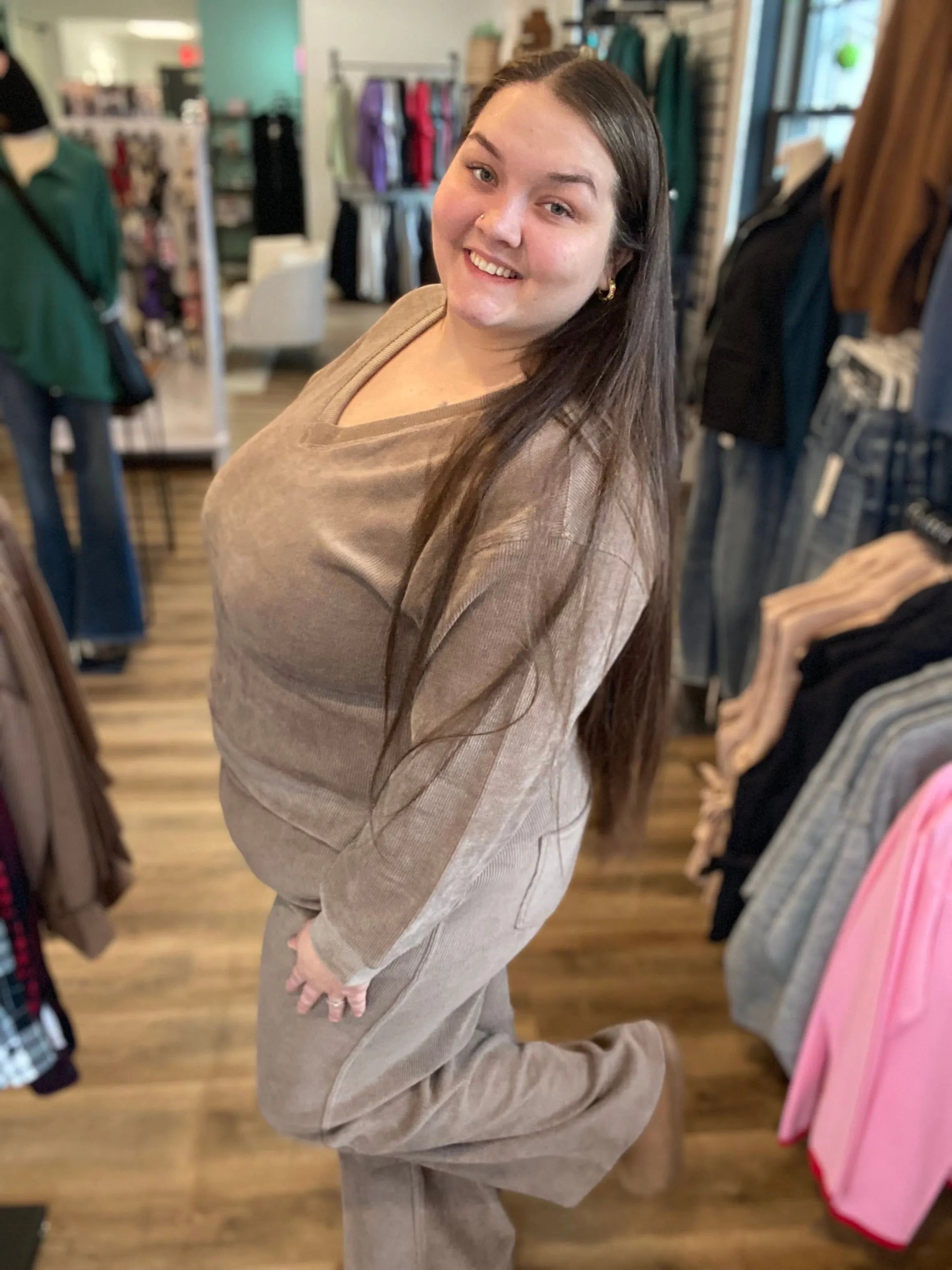 Shop V-Neck Corded Top - Khaki- at Ruby Joy Boutique, a Women's Clothing Store in Pickerington, Ohio