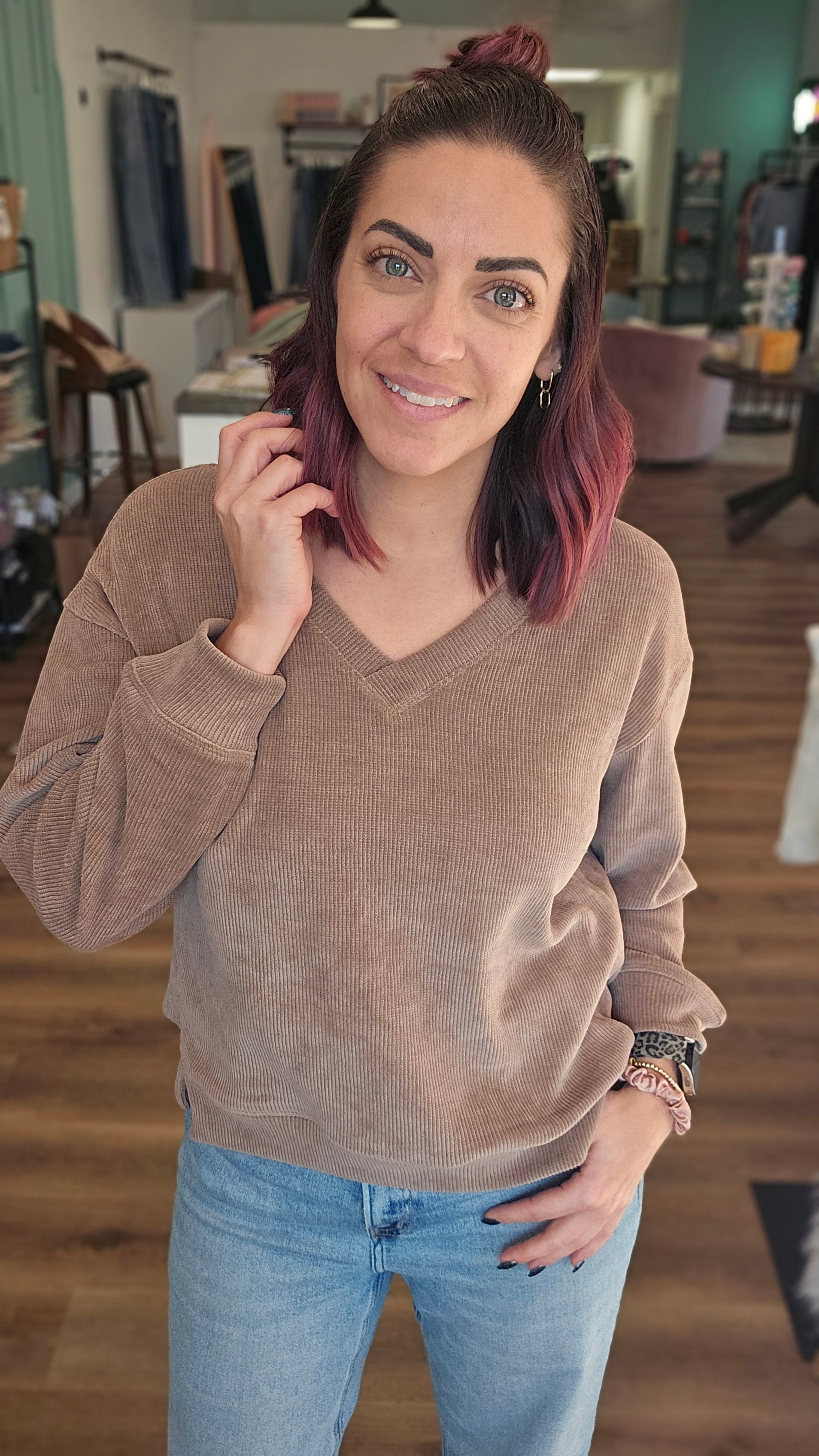 Shop V-Neck Corded Top - Khaki- at Ruby Joy Boutique, a Women's Clothing Store in Pickerington, Ohio