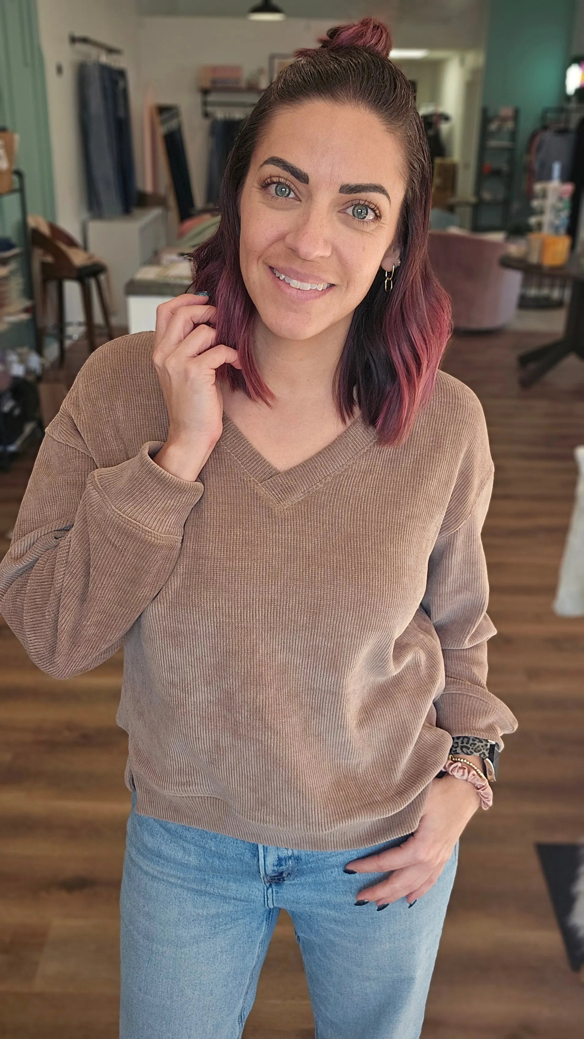 Shop V-Neck Corded Top - Khaki- at Ruby Joy Boutique, a Women's Clothing Store in Pickerington, Ohio