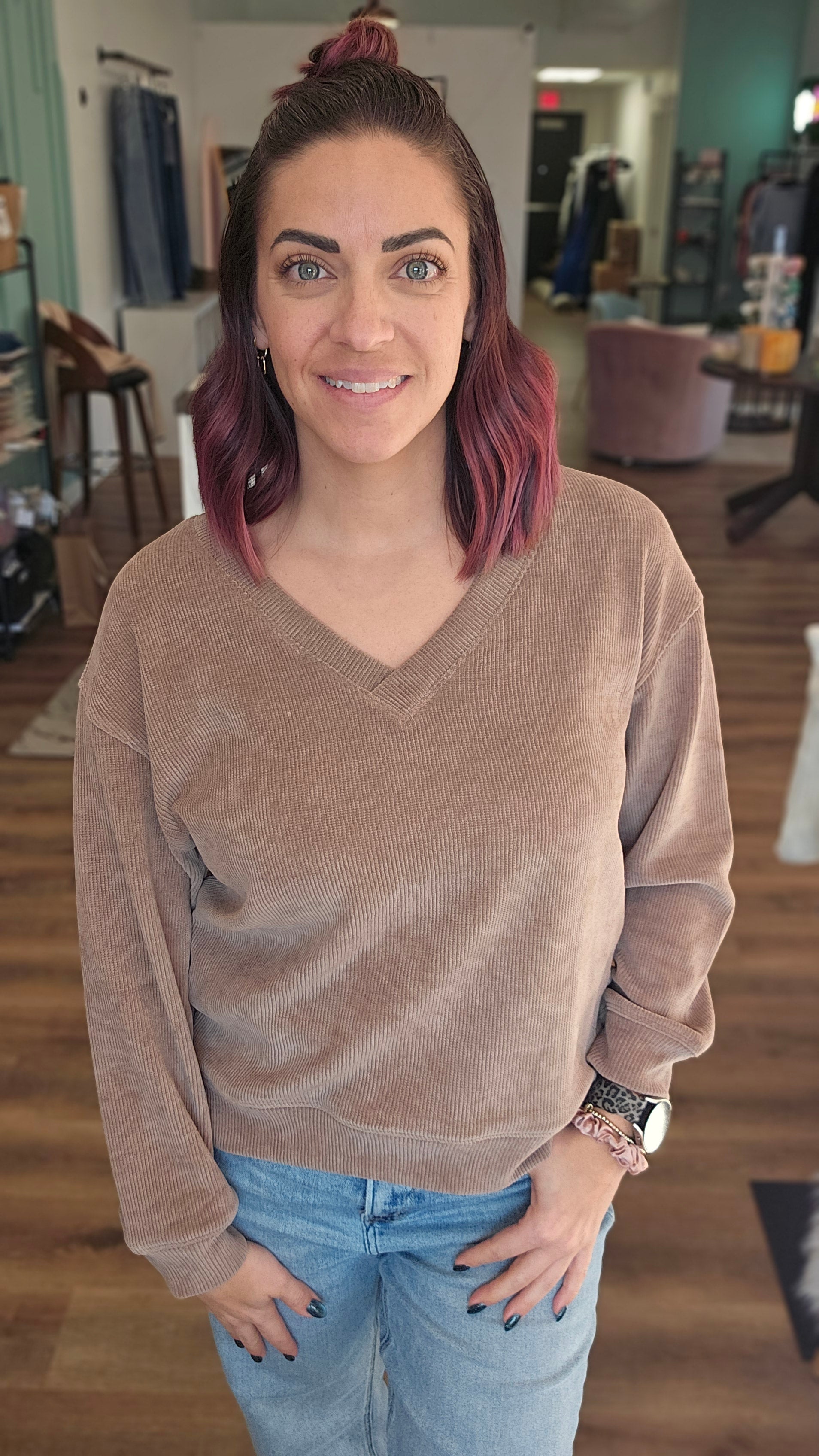 Shop V-Neck Corded Top - Khaki- at Ruby Joy Boutique, a Women's Clothing Store in Pickerington, Ohio