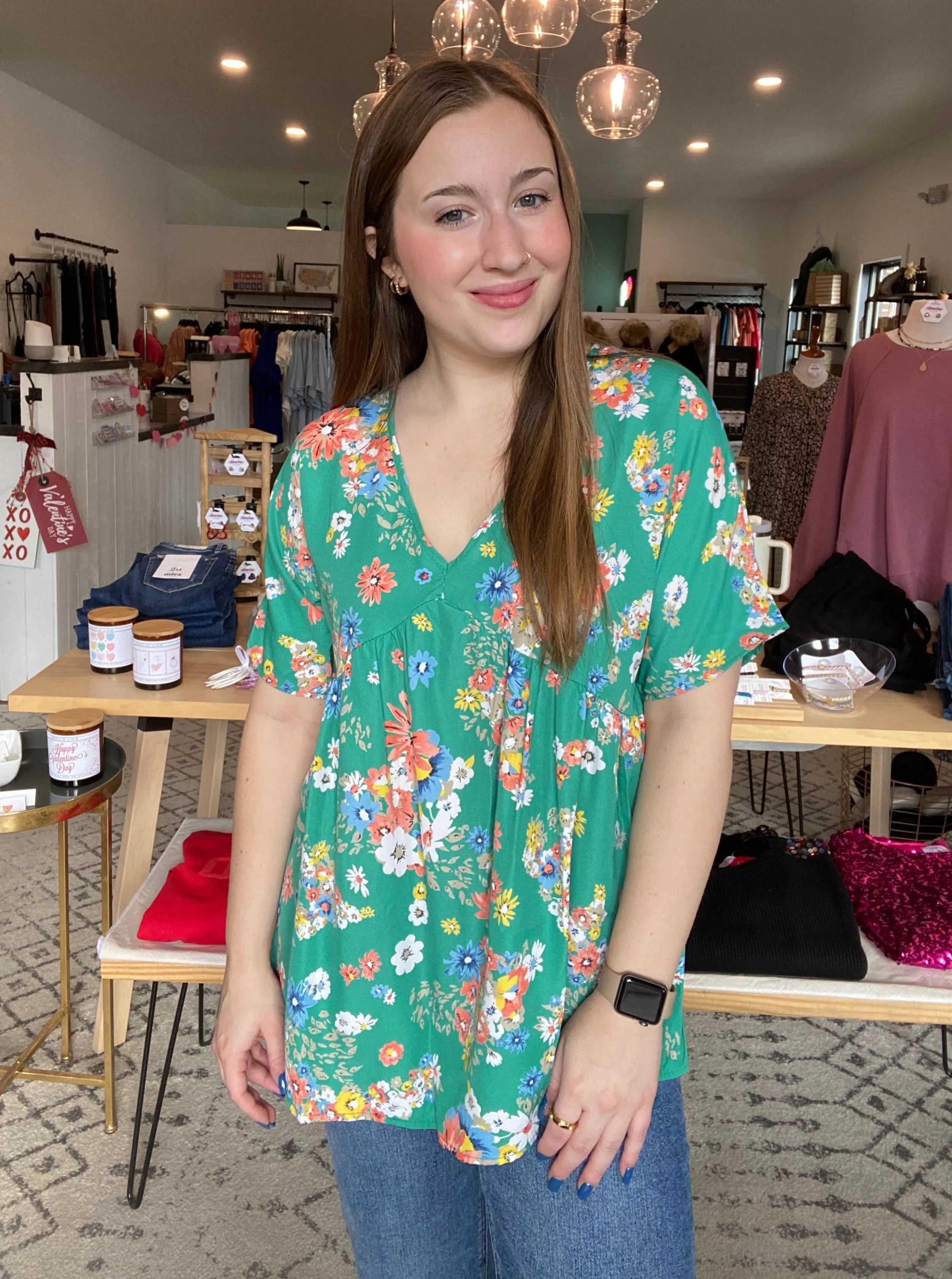 Shop V-Neck Dolman Sleeve Babydoll Blouse - Green Floral-Blouse at Ruby Joy Boutique, a Women's Clothing Store in Pickerington, Ohio