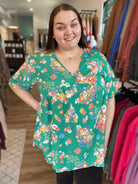 Shop V-Neck Dolman Sleeve Babydoll Blouse - Green Floral-Blouse at Ruby Joy Boutique, a Women's Clothing Store in Pickerington, Ohio