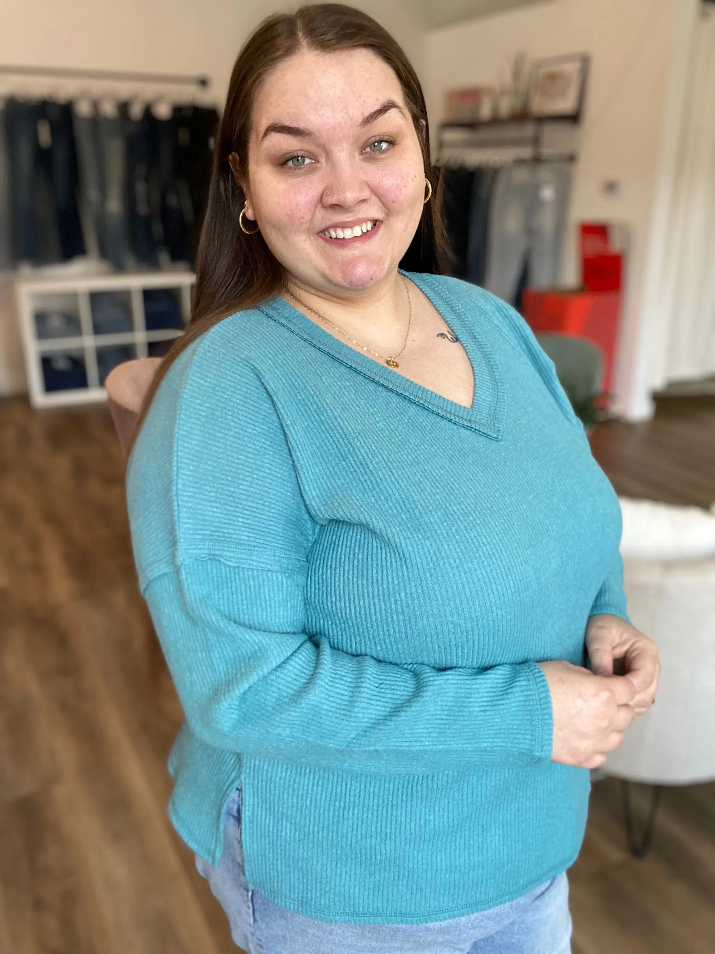 Shop V-Neck Ribbed Top - Dusty Teal- at Ruby Joy Boutique, a Women's Clothing Store in Pickerington, Ohio