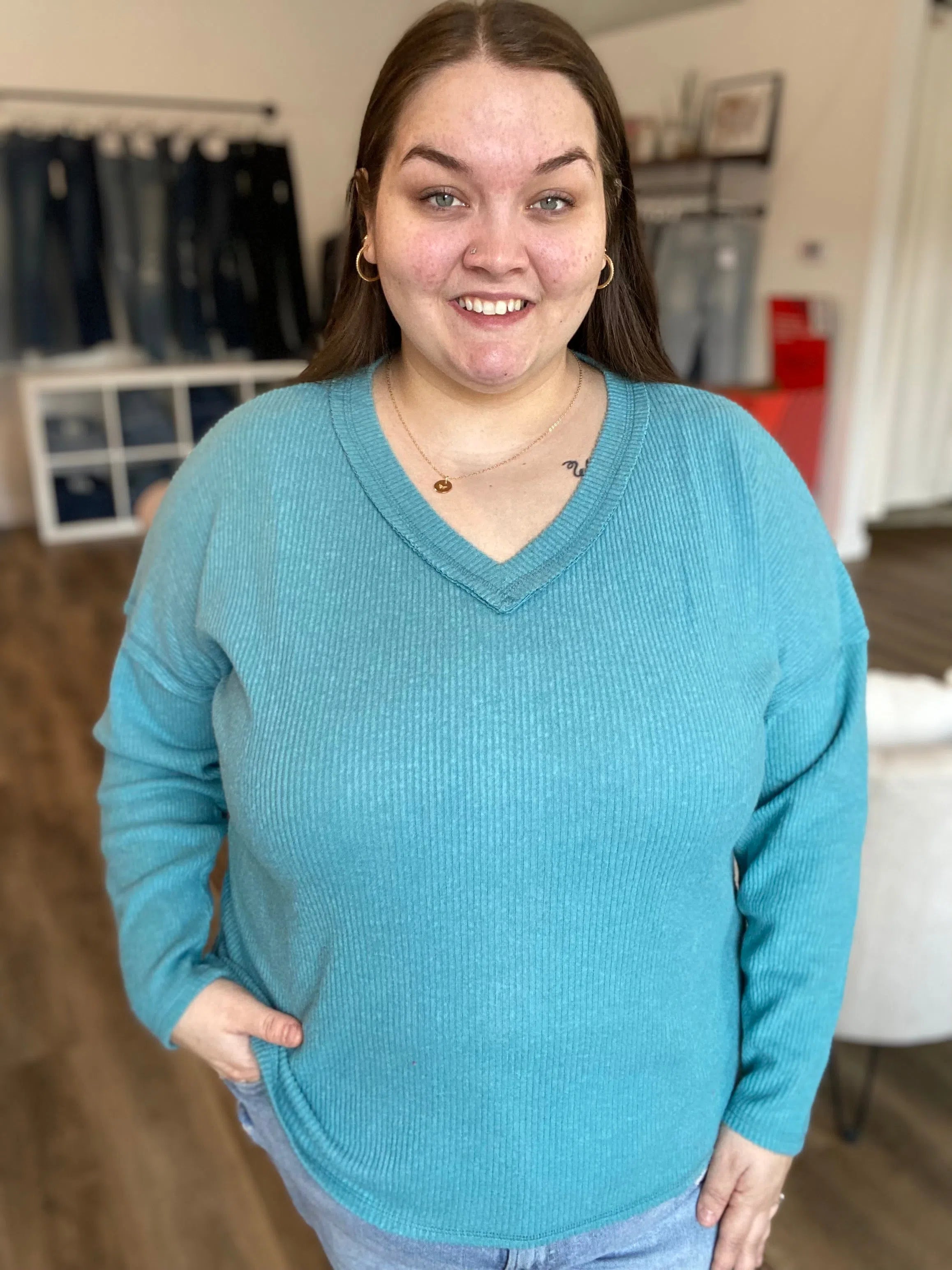 Shop V-Neck Ribbed Top - Dusty Teal- at Ruby Joy Boutique, a Women's Clothing Store in Pickerington, Ohio